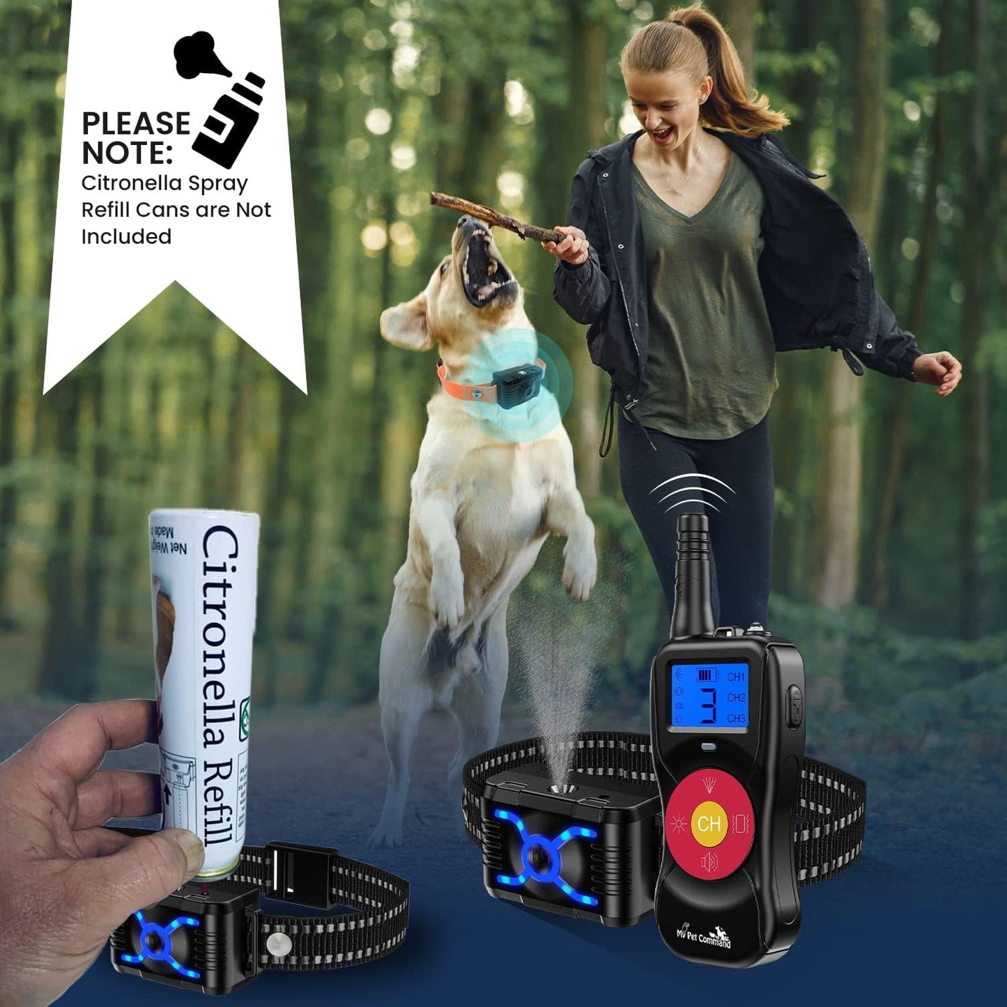 "2600 FT Citronella Dog Training Collar - 4 - in - 1 Remote with Spray, Vibration, Tone & Night Light Functions | Safe, Humane, Waterproof & Rechargeable | Supports Up to 3 Collars" - Eco and More Pet Store
