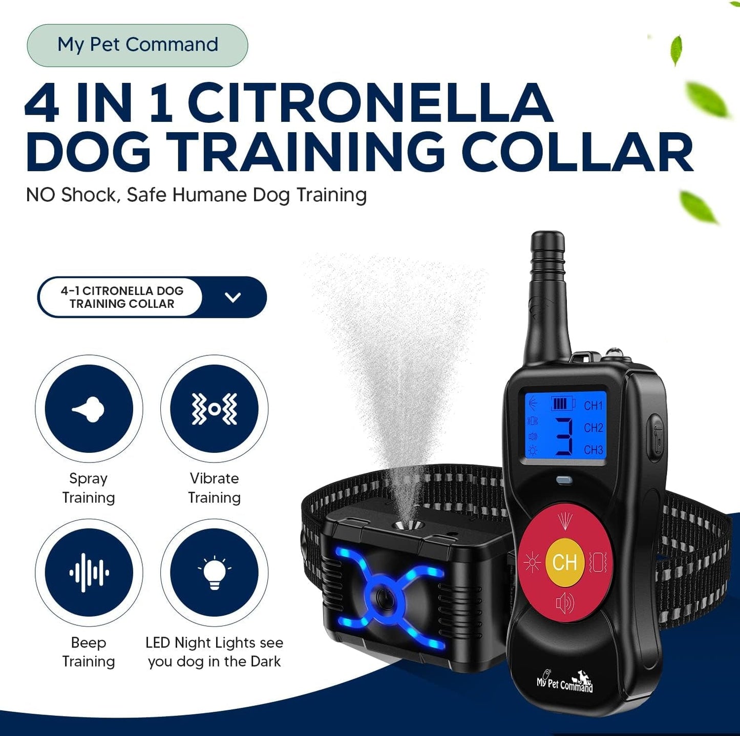 "2600 FT Citronella Dog Training Collar - 4 - in - 1 Remote with Spray, Vibration, Tone & Night Light Functions | Safe, Humane, Waterproof & Rechargeable | Supports Up to 3 Collars" - Eco and More Pet Store