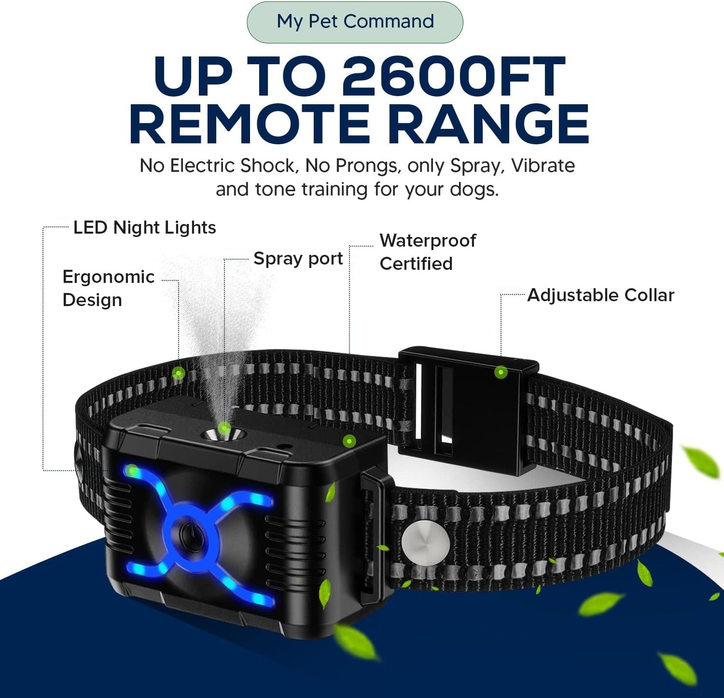 "2600 FT Citronella Dog Training Collar - 4 - in - 1 Remote with Spray, Vibration, Tone & Night Light Functions | Safe, Humane, Waterproof & Rechargeable | Supports Up to 3 Collars" - Eco and More Pet Store