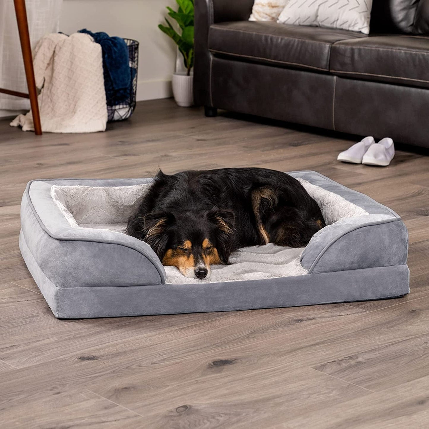 Orthopedic Dog Bed for Large/Medium Dogs W/ Removable Bolsters & Washable Cover, for Dogs up to 55 Lbs - Plush & Velvet Waves Perfect Comfort Sofa - Granite Gray, Large - Eco and More Pet Store