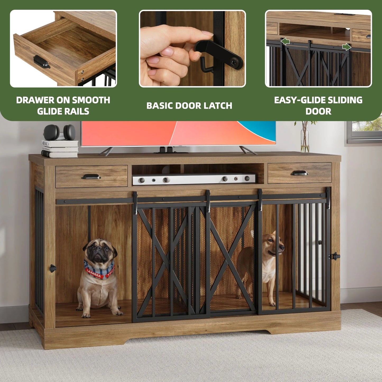 63" Dog Crate Furniture with 2 Drawers,Tv Stand with Charging Station 63" Large Wooden Indoor Dog Kennel - Brown - Eco and More Pet Store DBA Overseen