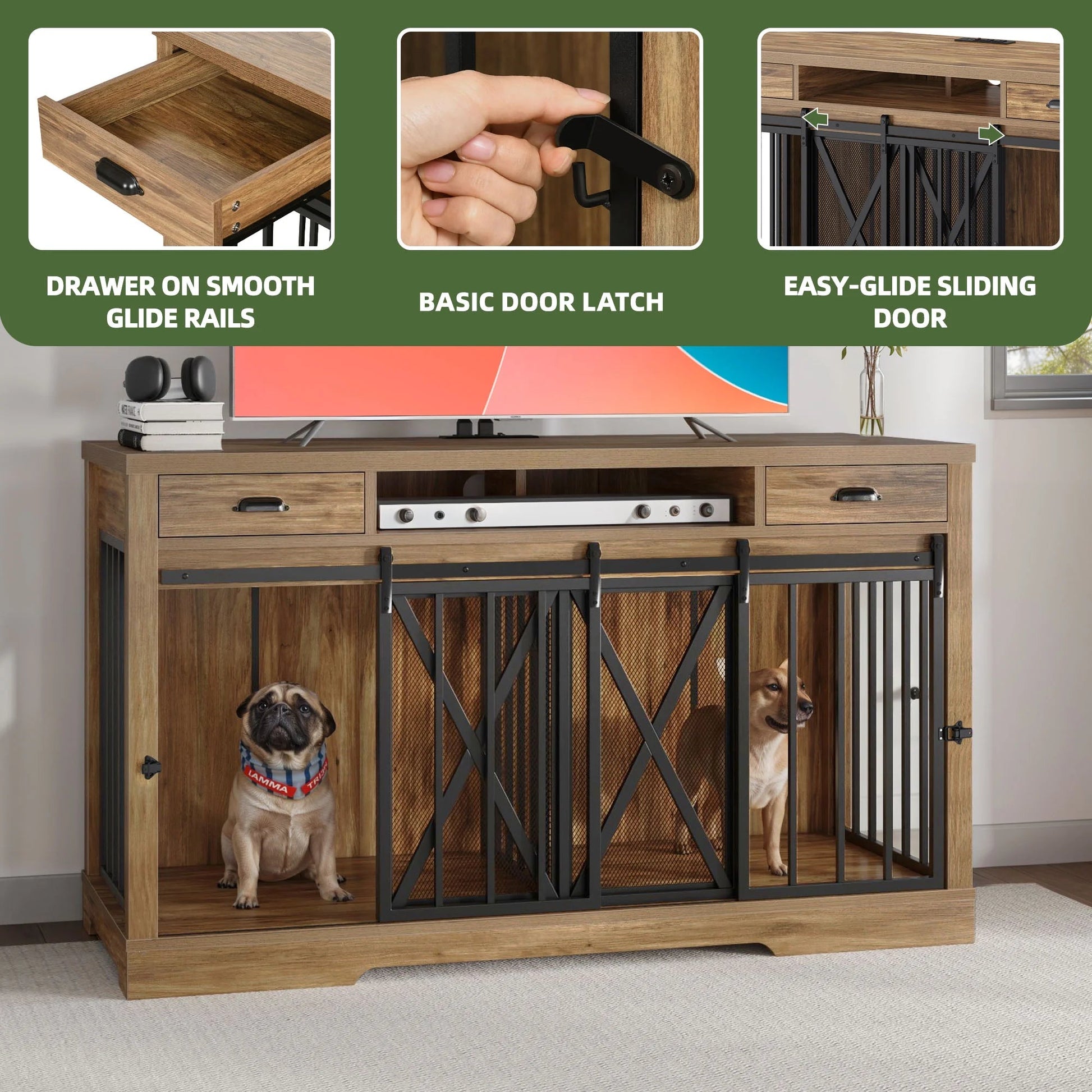 63" Dog Crate Furniture with 2 Drawers,Tv Stand with Charging Station 63" Large Wooden Indoor Dog Kennel - Brown - Eco and More Pet Store DBA Overseen