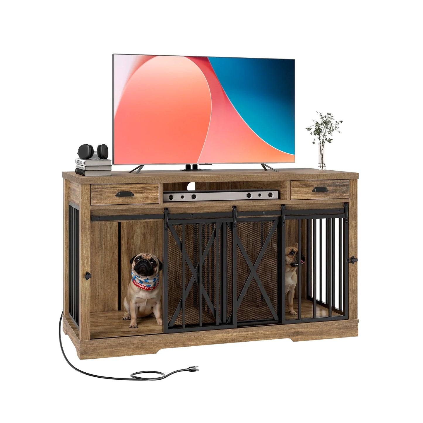 63" Dog Crate Furniture with 2 Drawers,Tv Stand with Charging Station 63" Large Wooden Indoor Dog Kennel - Brown - Eco and More Pet Store DBA Overseen