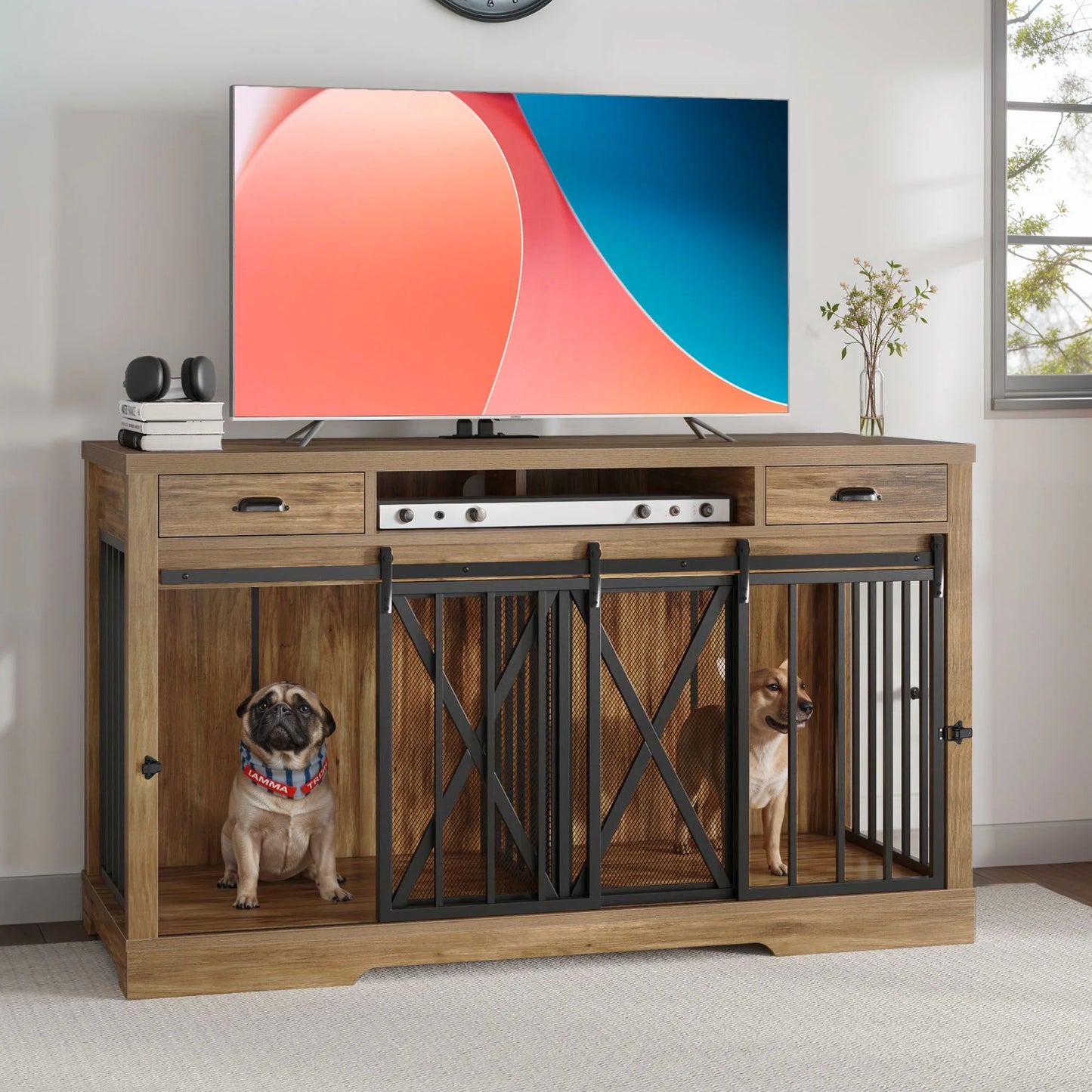63" Dog Crate Furniture with 2 Drawers,Tv Stand with Charging Station 63" Large Wooden Indoor Dog Kennel - Brown - Eco and More Pet Store DBA Overseen