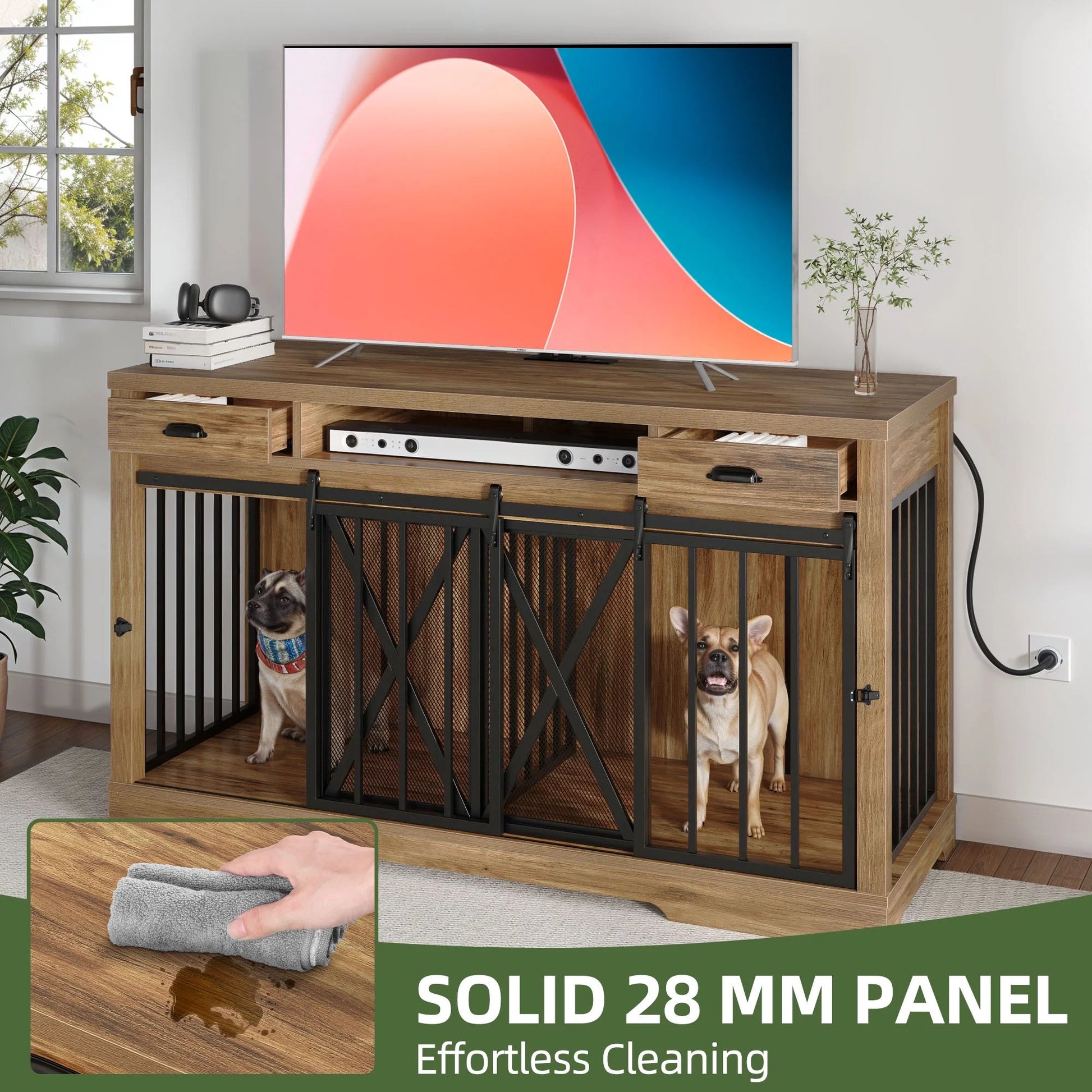 63" Dog Crate Furniture with 2 Drawers,Tv Stand with Charging Station 63" Large Wooden Indoor Dog Kennel - Brown - Eco and More Pet Store DBA Overseen