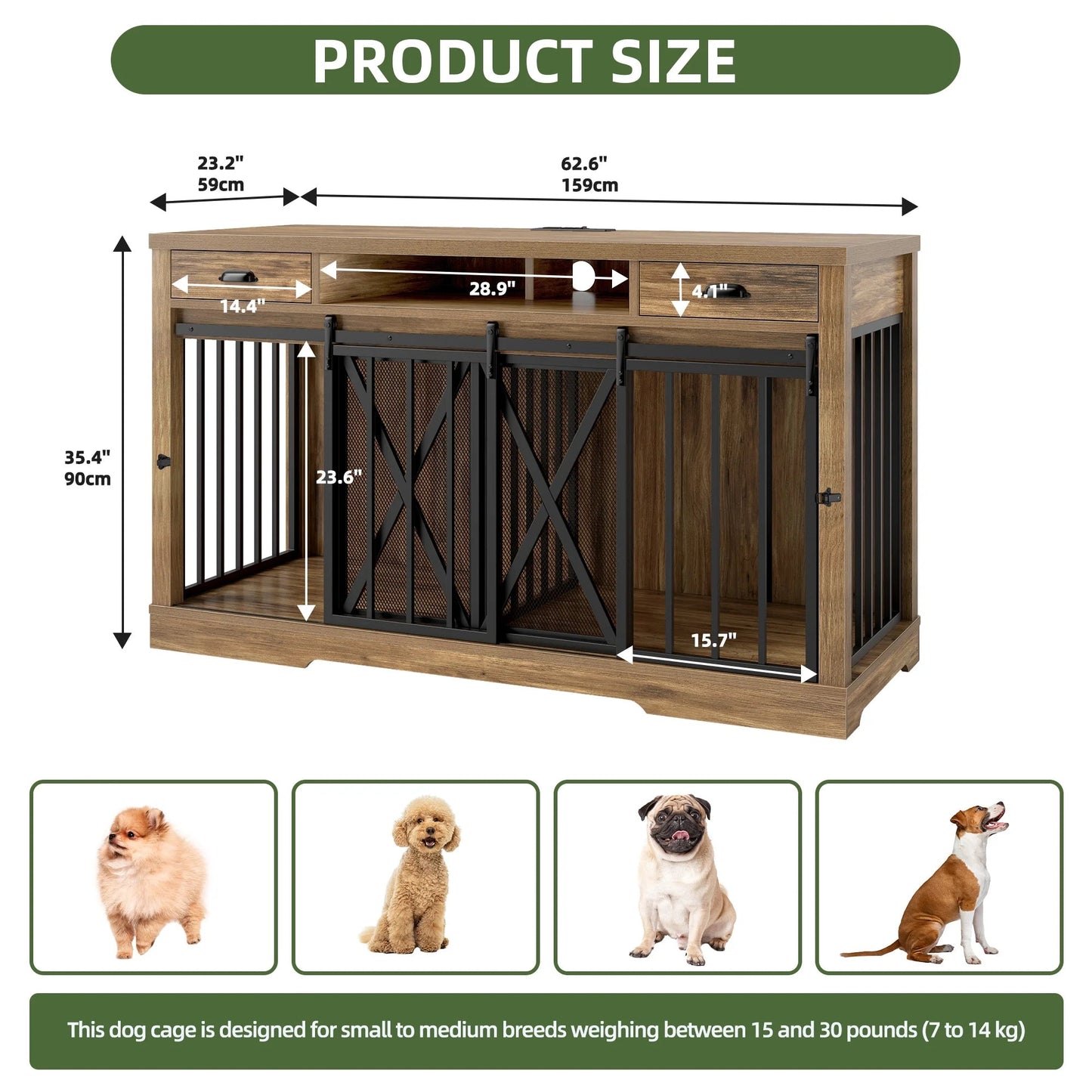 63" Dog Crate Furniture with 2 Drawers,Tv Stand with Charging Station 63" Large Wooden Indoor Dog Kennel - Brown - Eco and More Pet Store DBA Overseen