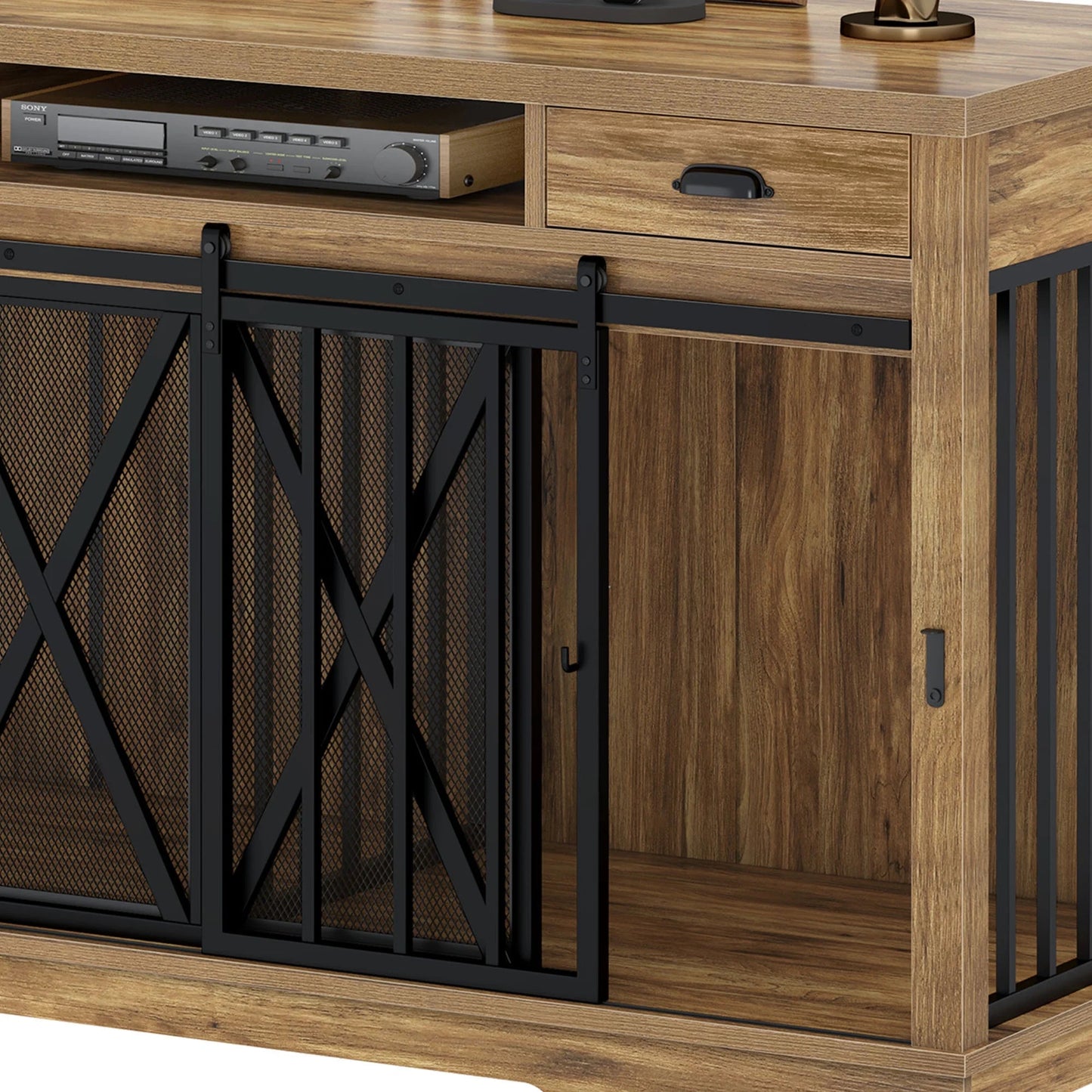 63 - Inch Dog Crate Furniture,Tv Stand with Charging Station,Dog Kennel with Double Sliding Barn Door - Oak - Eco and More Pet Store DBA Overseen