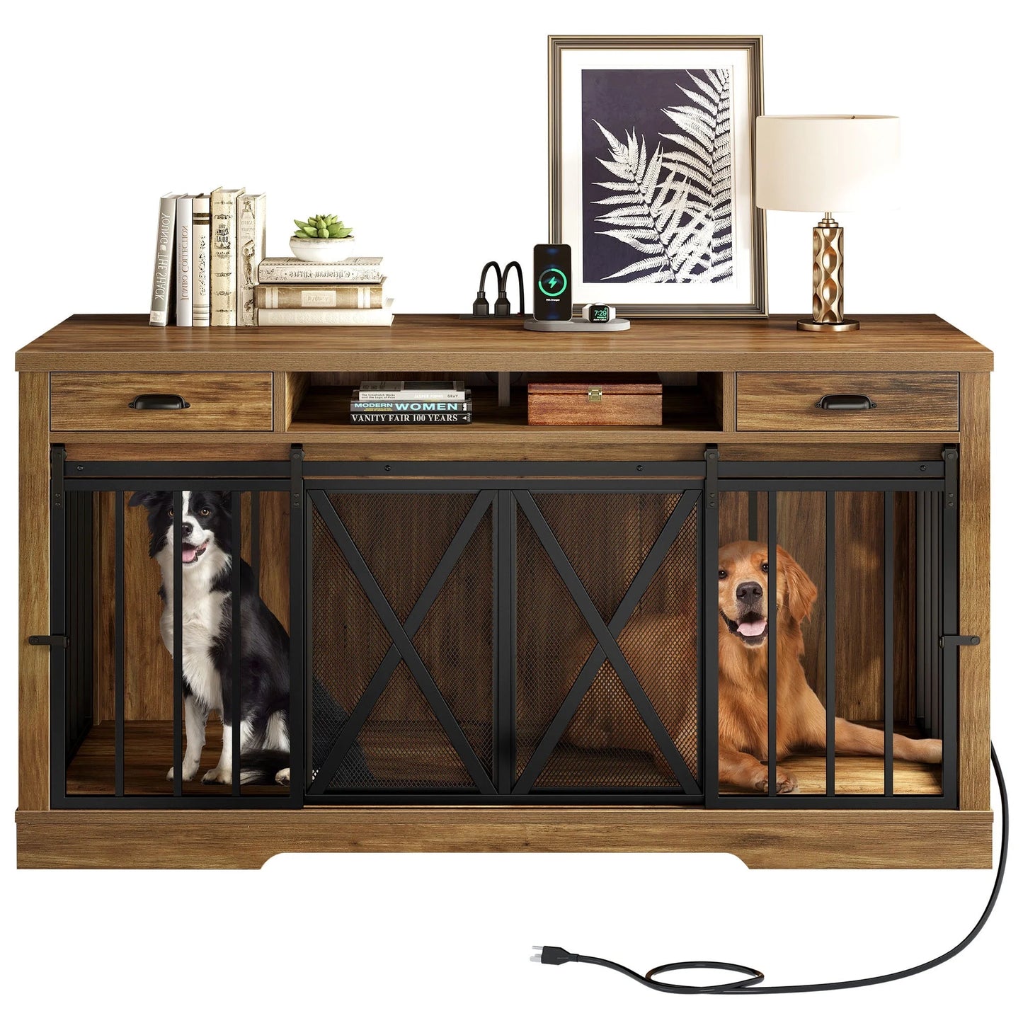 63 - Inch Dog Crate Furniture,Tv Stand with Charging Station,Dog Kennel with Double Sliding Barn Door - Oak - Eco and More Pet Store DBA Overseen