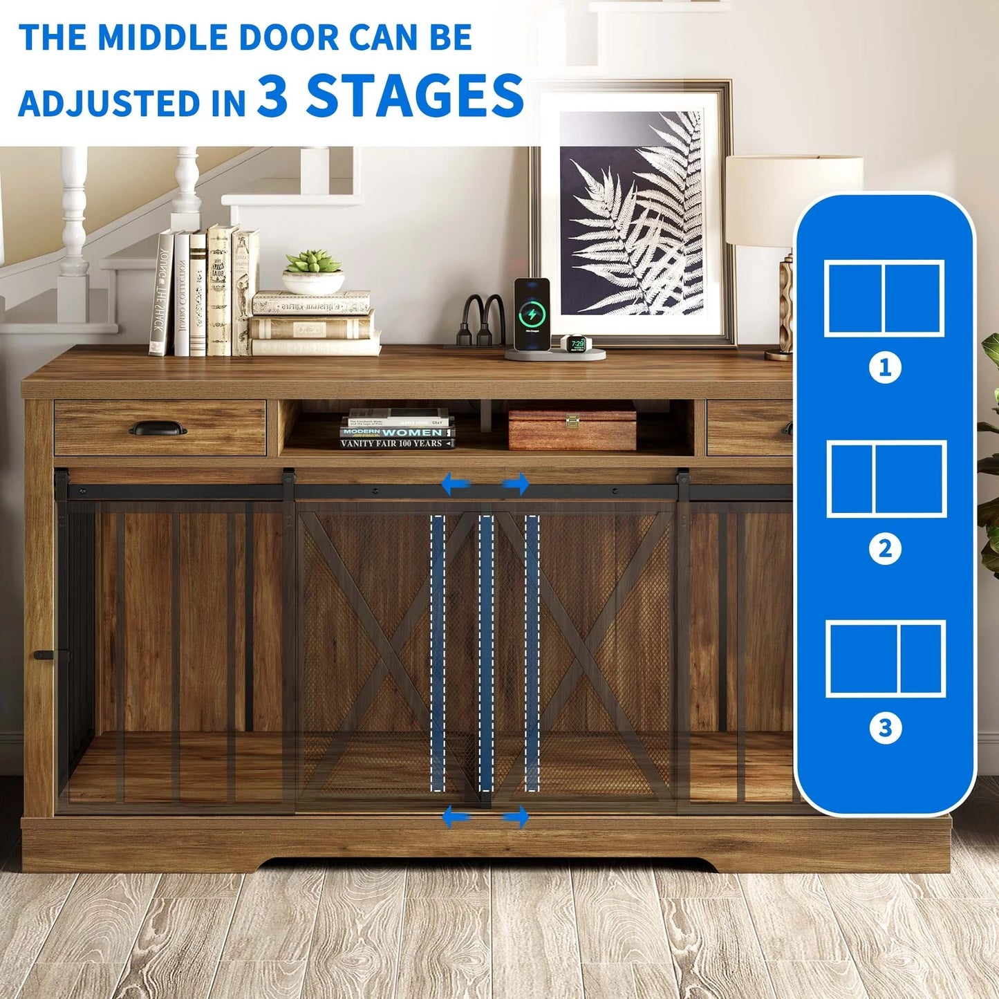 63 - Inch Dog Crate Furniture,Tv Stand with Charging Station,Dog Kennel with Double Sliding Barn Door - Oak - Eco and More Pet Store DBA Overseen