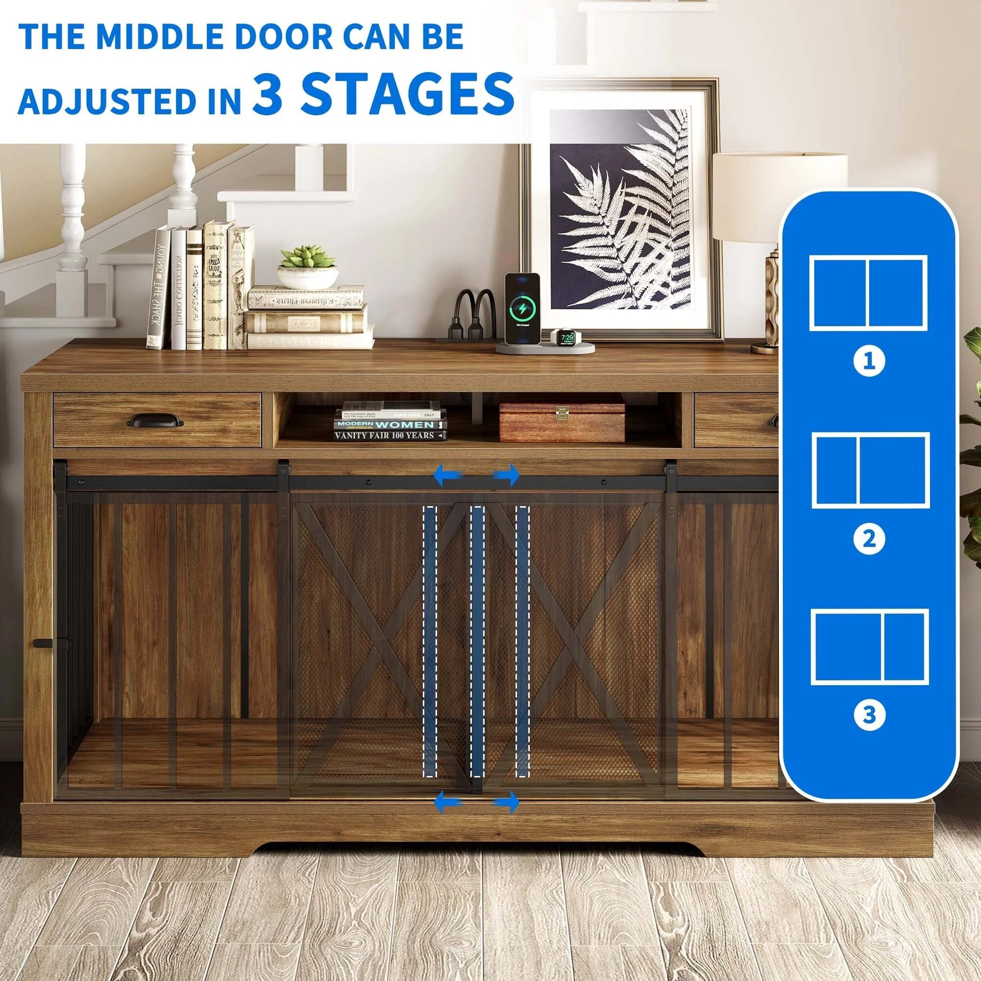 63 - Inch Dog Crate Furniture,Tv Stand with Charging Station,Dog Kennel with Double Sliding Barn Door - Oak - Eco and More Pet Store DBA Overseen