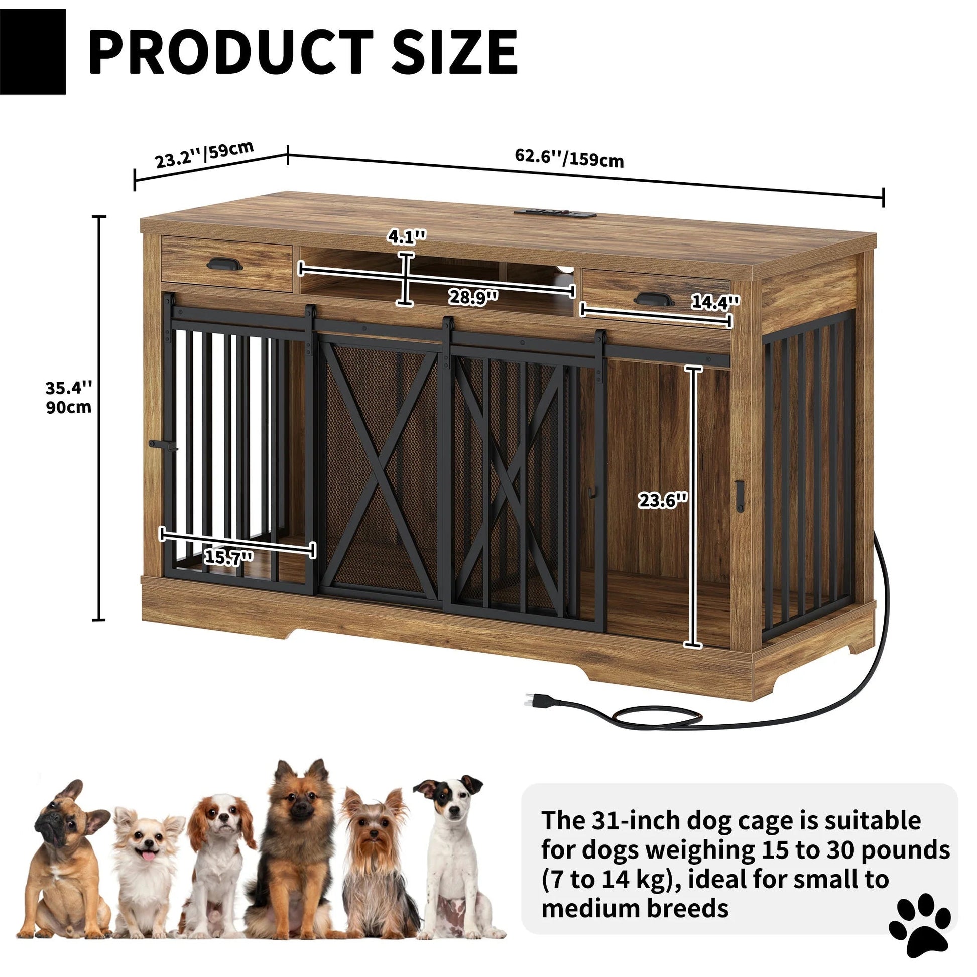 63 - Inch Dog Crate Furniture,Tv Stand with Charging Station,Dog Kennel with Double Sliding Barn Door - Oak - Eco and More Pet Store DBA Overseen