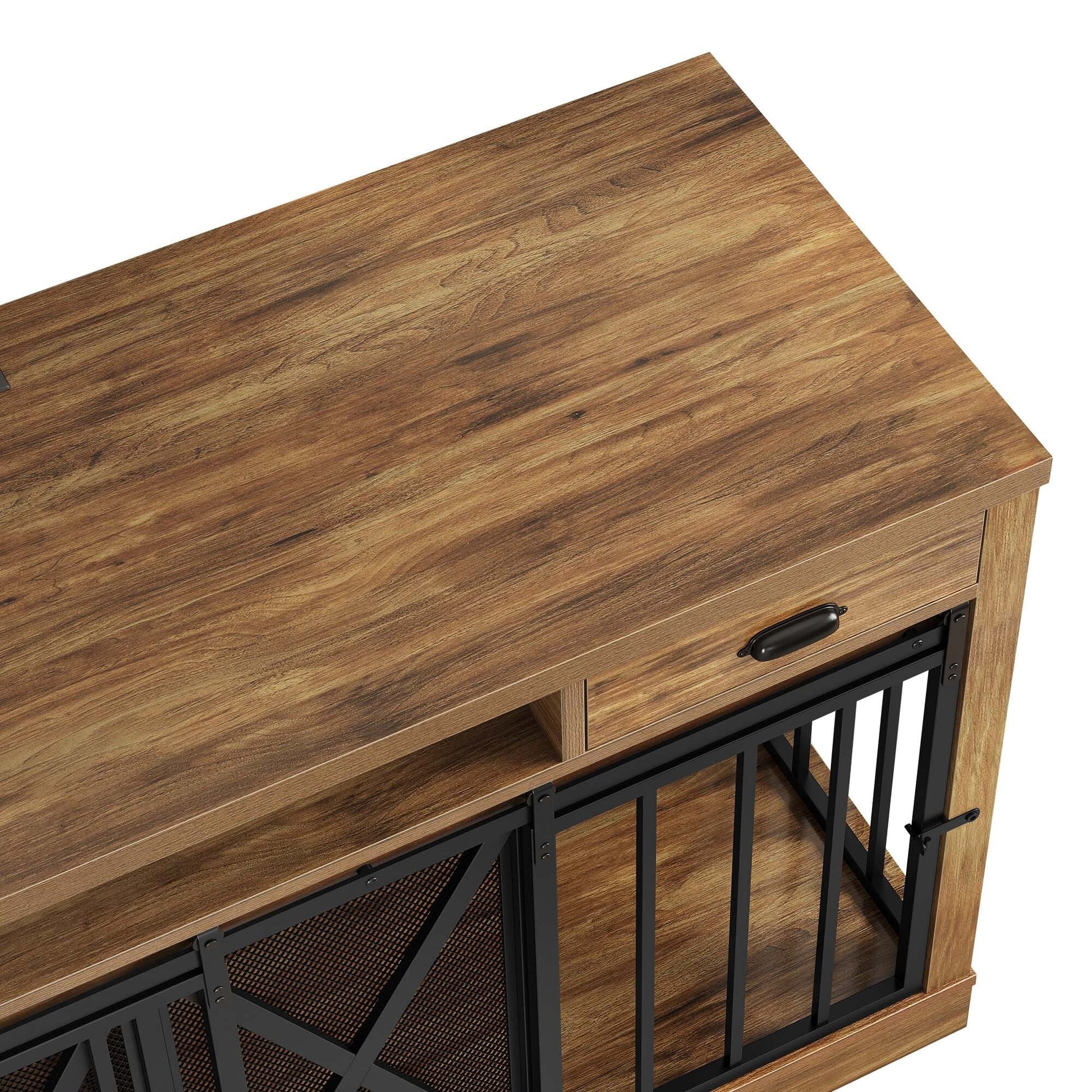 63 - Inch Dog Crate Furniture,Tv Stand with Charging Station,Dog Kennel with Double Sliding Barn Door - Oak - Eco and More Pet Store DBA Overseen