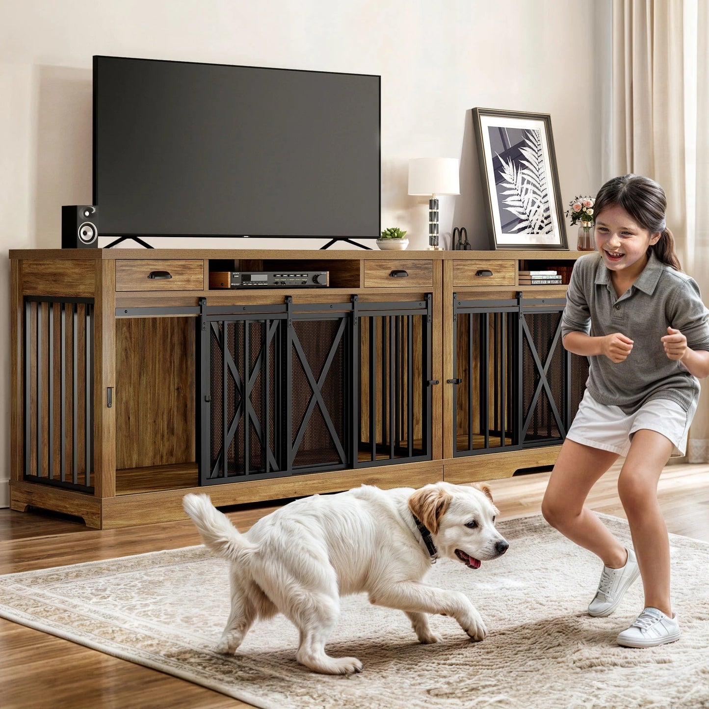 63 - Inch Dog Crate Furniture,Tv Stand with Charging Station,Dog Kennel with Double Sliding Barn Door - Oak - Eco and More Pet Store DBA Overseen