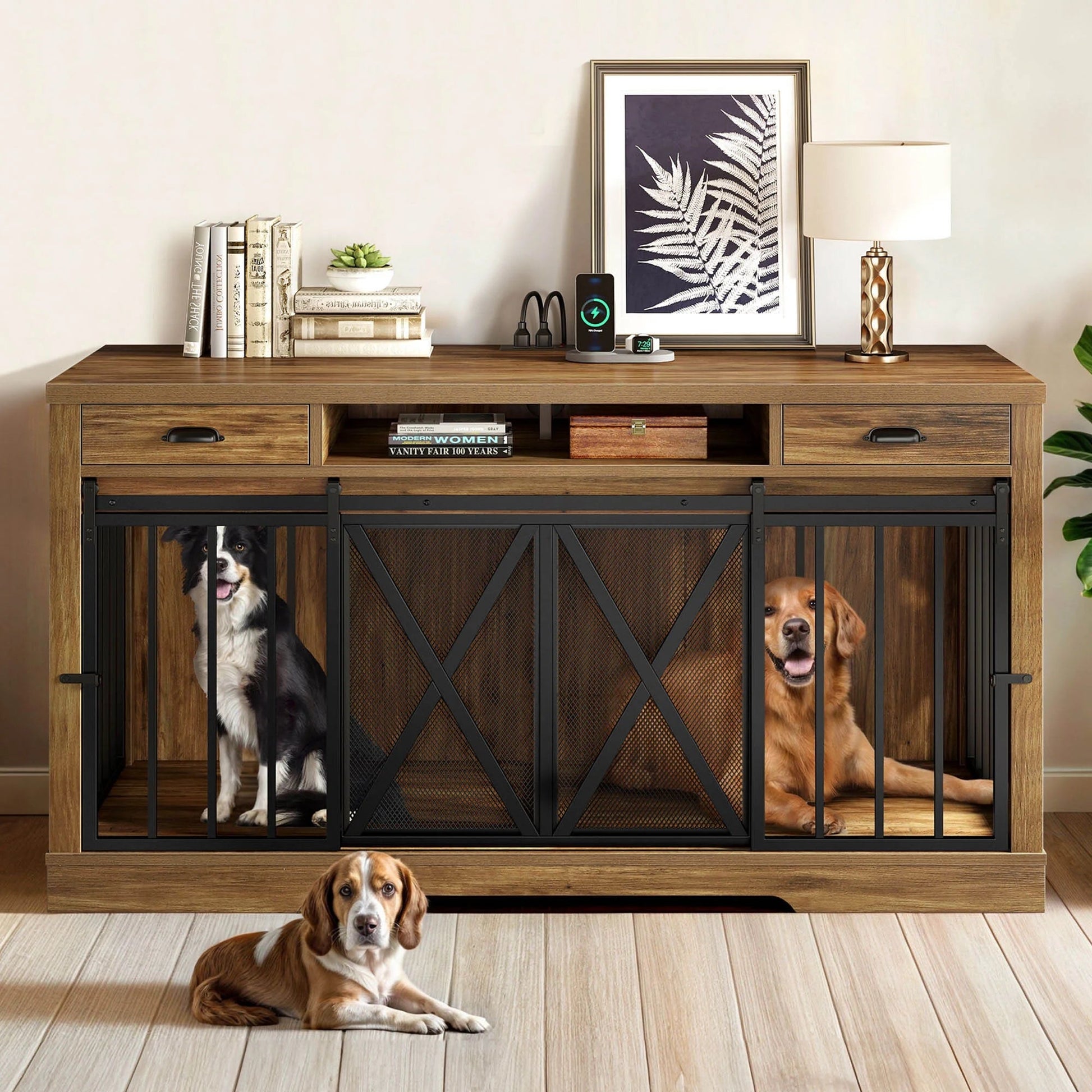 63 - Inch Dog Crate Furniture,Tv Stand with Charging Station,Dog Kennel with Double Sliding Barn Door - Oak - Eco and More Pet Store DBA Overseen