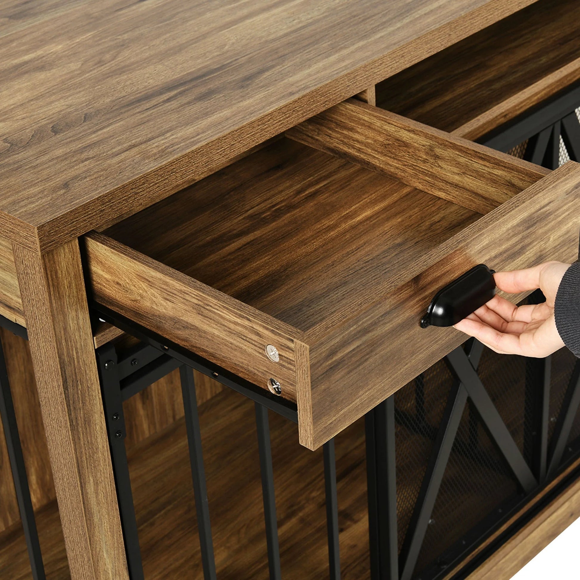 63 - Inch Dog Crate Furniture,Tv Stand with Charging Station,Dog Kennel with Double Sliding Barn Door - Oak - Eco and More Pet Store DBA Overseen