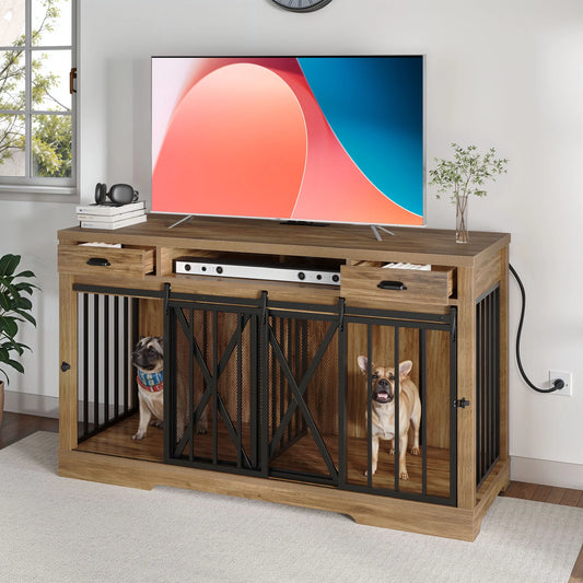 63" Dog Crate Furniture with 2 Drawers,Tv Stand with Charging Station 63" Large Wooden Indoor Dog Kennel - Brown