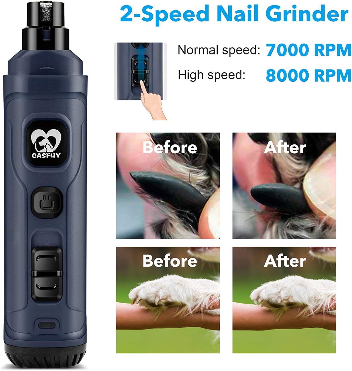 Advanced 2 - Speed Electric Dog Nail Grinder with Dual LED Lights – Professional, Quiet & Painless Nail Trimmer for Small to Large Dogs (Bright Blue) - Eco and More Pet Store