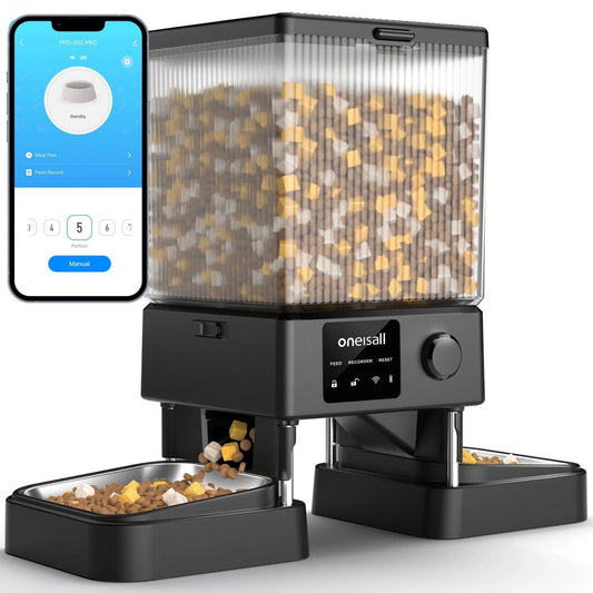 Automatic Cat Feeder | 5L/20 Cups Automatic Cat Feeder with 5G Wi - Fi & APP Control, PFD - 002 PRO Double Bowl Cat Food Dispenser with 1 Desiccant Bag, Timed Automatic Pet Feeder for 2 Cats/2 Small Dogs - Black - Eco and More Pet Store DBA Overseen