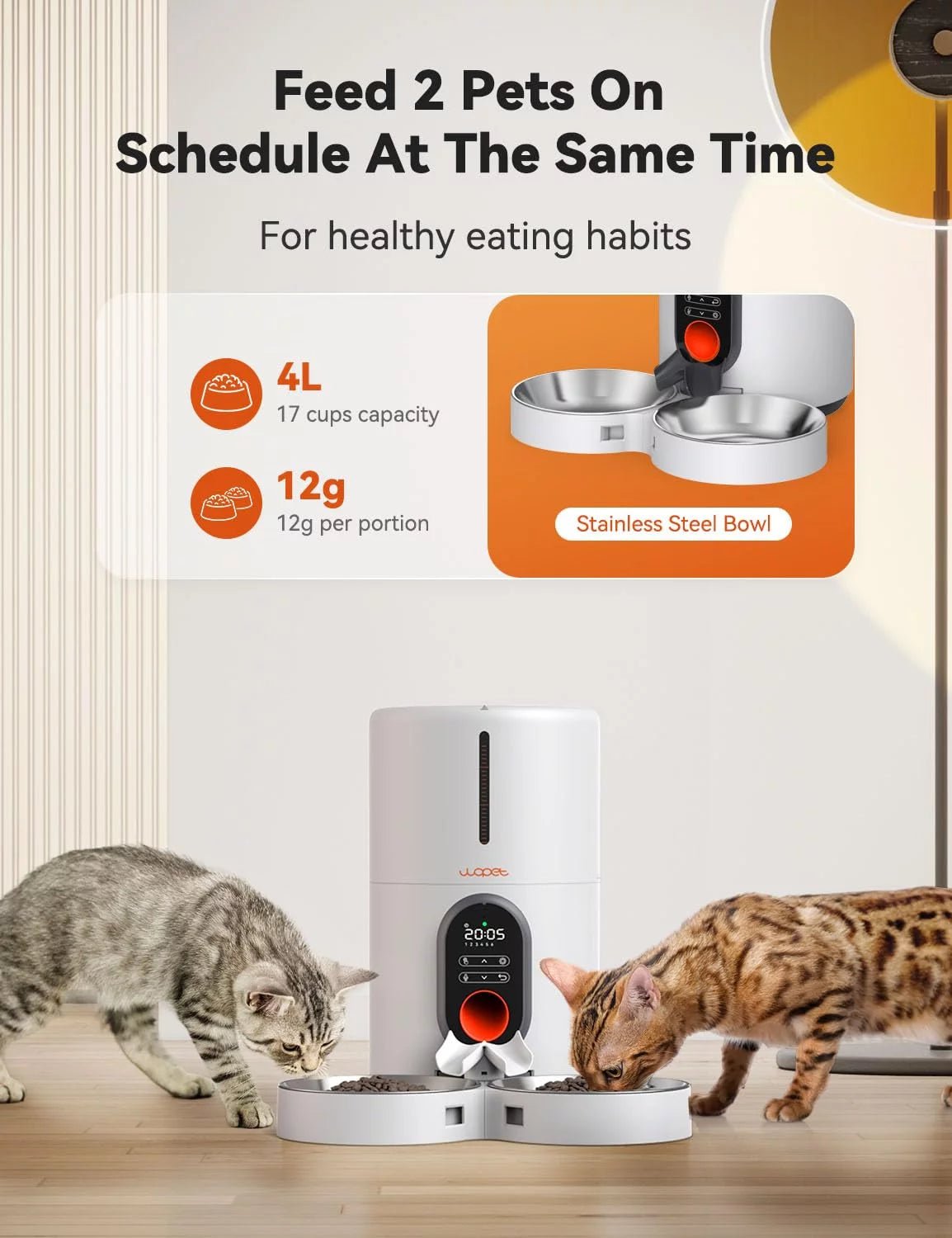 Automatic Cat Feeders for 2 Cats - Timed Dog Food Dispenser with Splitter and Two Stainless Bowls, Cat Feeders 10S Meal Call, 6 Meals per Day for Cats & Small Dogs, White - Eco and More Pet Store