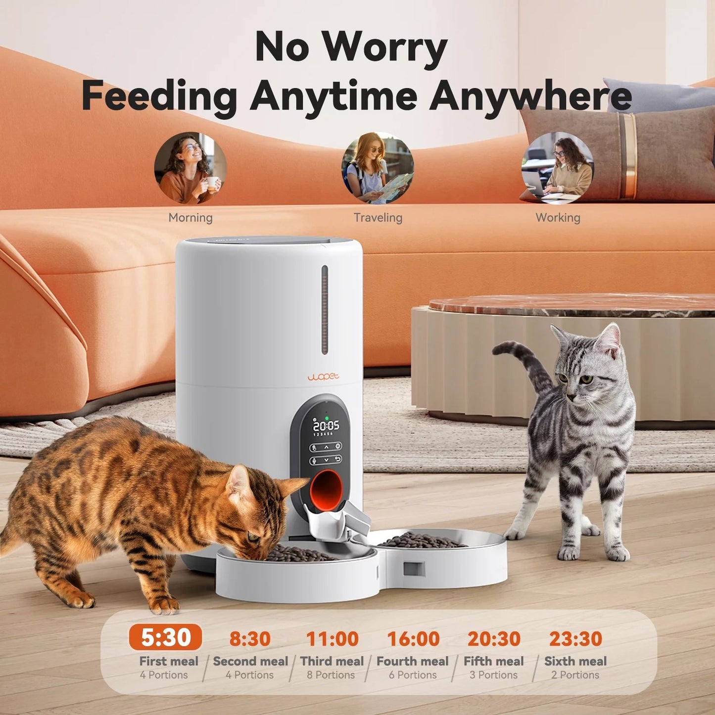 Automatic Cat Feeders for 2 Cats - Timed Dog Food Dispenser with Splitter and Two Stainless Bowls, Cat Feeders 10S Meal Call, 6 Meals per Day for Cats & Small Dogs, White - Eco and More Pet Store