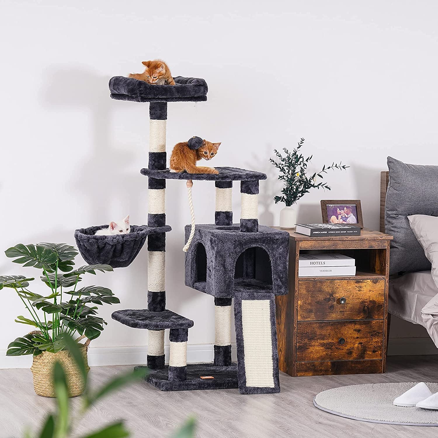 Cat Tree, Cat Tower for Indoor Cats with Scratching Board, Multi - Level Cat Furniture Condo with Feeding Bowl Smoky Gray HCT010G - Eco and More Pet Store