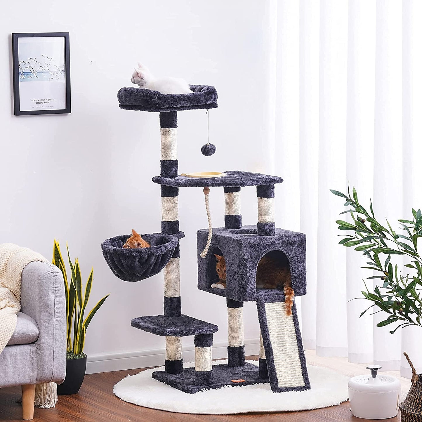 Cat Tree, Cat Tower for Indoor Cats with Scratching Board, Multi - Level Cat Furniture Condo with Feeding Bowl Smoky Gray HCT010G - Eco and More Pet Store