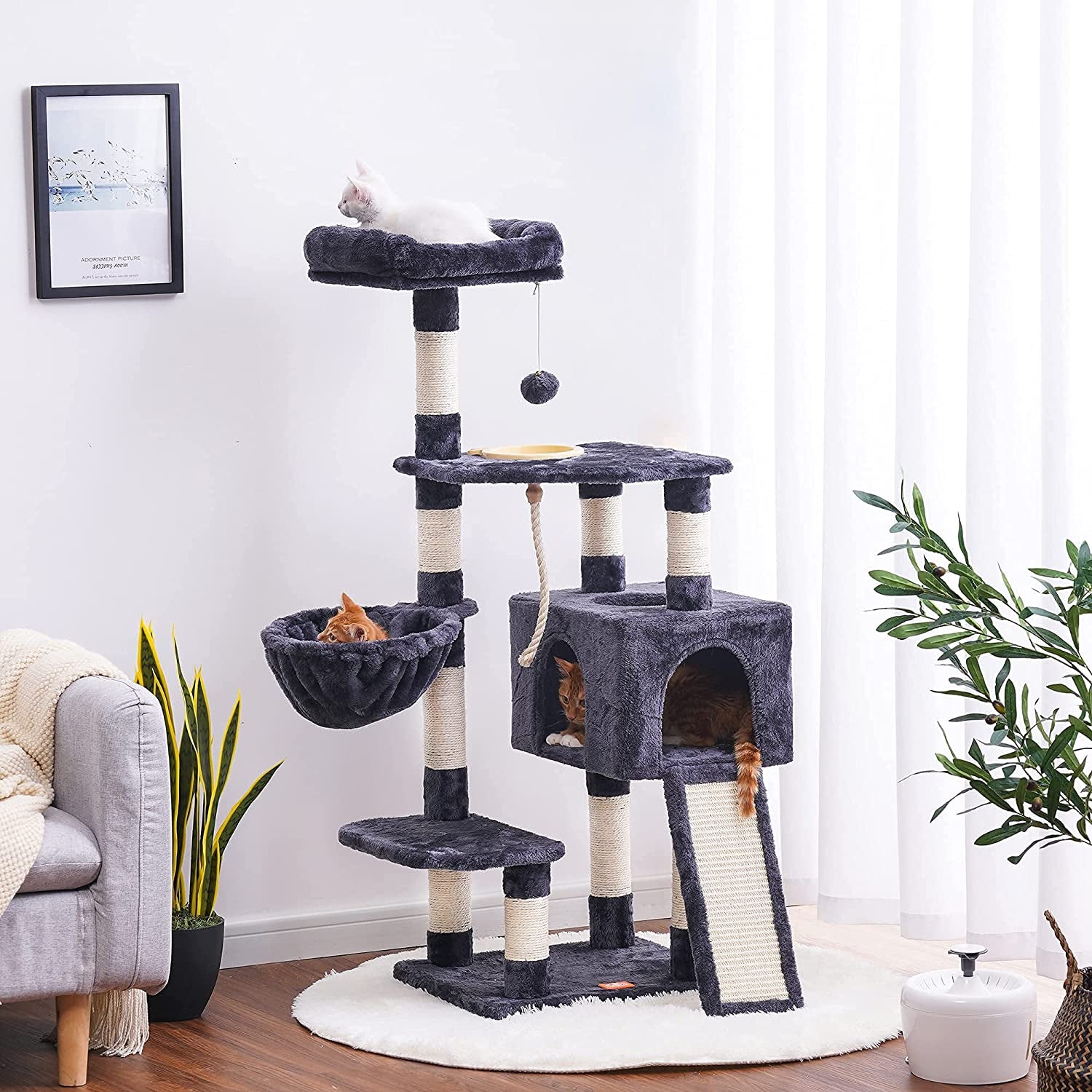 Cat Tree, Cat Tower for Indoor Cats with Scratching Board, Multi - Level Cat Furniture Condo with Feeding Bowl Smoky Gray HCT010G - Eco and More Pet Store