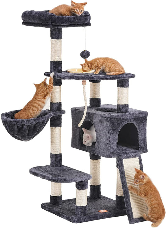 Cat Tree, Cat Tower for Indoor Cats with Scratching Board, Multi - Level Cat Furniture Condo with Feeding Bowl Smoky Gray HCT010G - Eco and More Pet Store