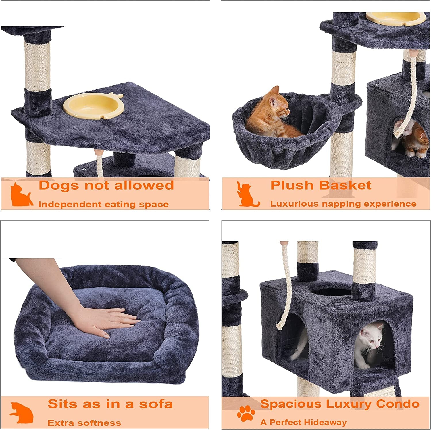 Cat Tree, Cat Tower for Indoor Cats with Scratching Board, Multi - Level Cat Furniture Condo with Feeding Bowl Smoky Gray HCT010G - Eco and More Pet Store