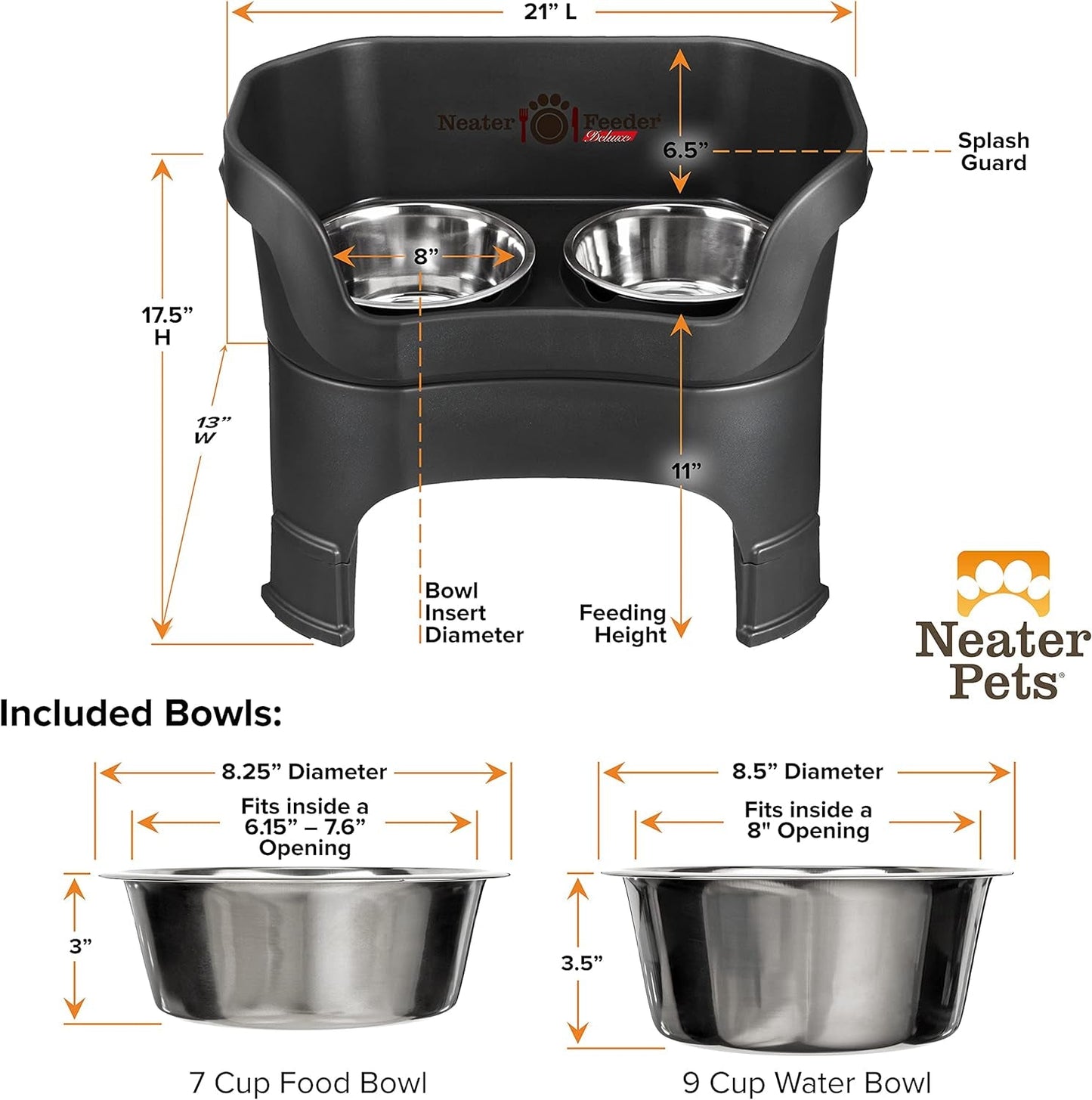 Deluxe Model Adjustable Height - Mess - Proof Dog Bowls (Large, Midnight Black) - Made in USA - Elevated, No Spill, Non - Tip, Non - Slip, Raised Stainless Steel Food & Water Pet Bowls - Eco and More Pet Store