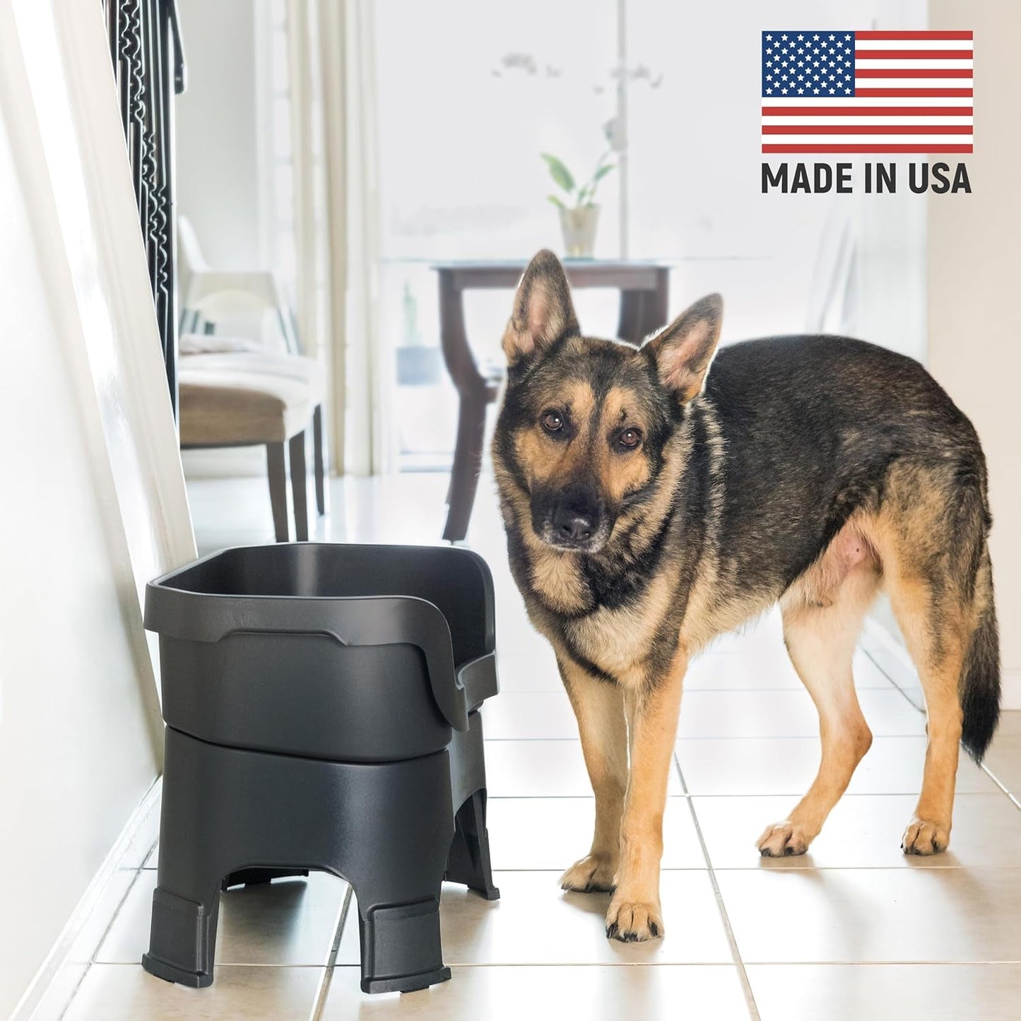 Deluxe Model Adjustable Height - Mess - Proof Dog Bowls (Large, Midnight Black) - Made in USA - Elevated, No Spill, Non - Tip, Non - Slip, Raised Stainless Steel Food & Water Pet Bowls - Eco and More Pet Store