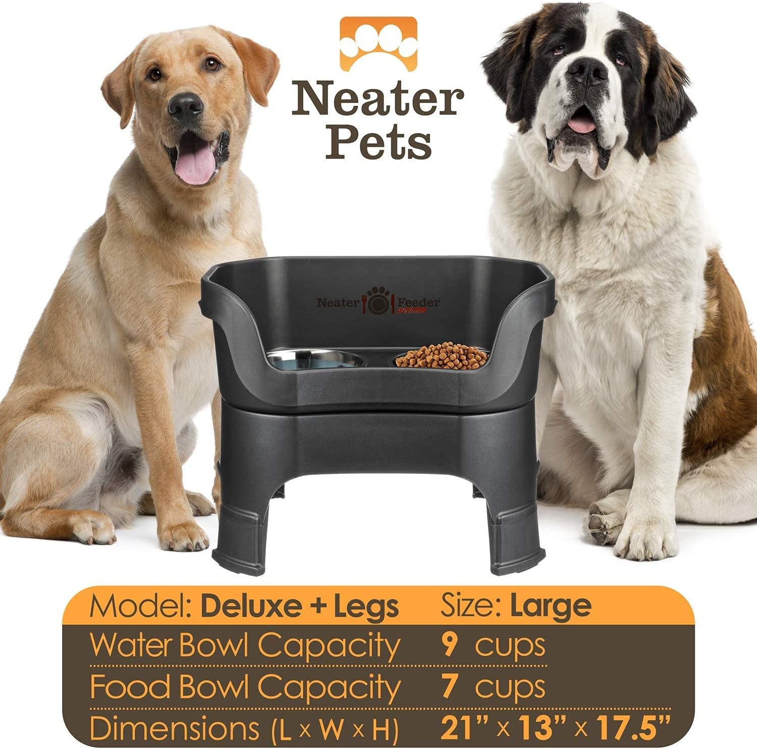 Deluxe Model Adjustable Height - Mess - Proof Dog Bowls (Large, Midnight Black) - Made in USA - Elevated, No Spill, Non - Tip, Non - Slip, Raised Stainless Steel Food & Water Pet Bowls - Eco and More Pet Store