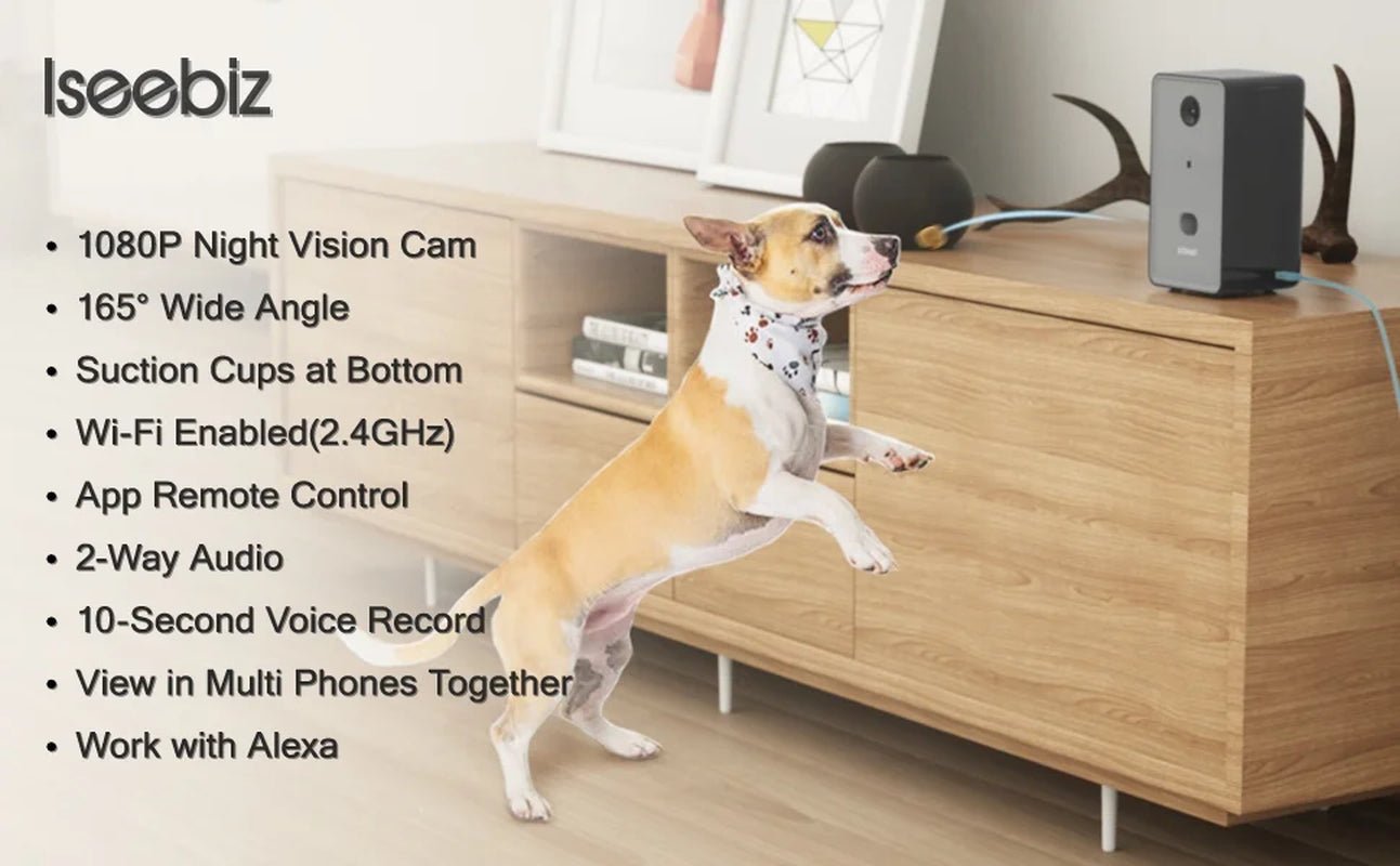 Dog Cat Camera Treat Dispenser, 720P/1080P Night Vision Pet Cam, App Control Tossing, 2 Way Audio Chat Listen, Suction Cup, Multi Devices Login, Compatible with Alexa - Eco and More Pet Store