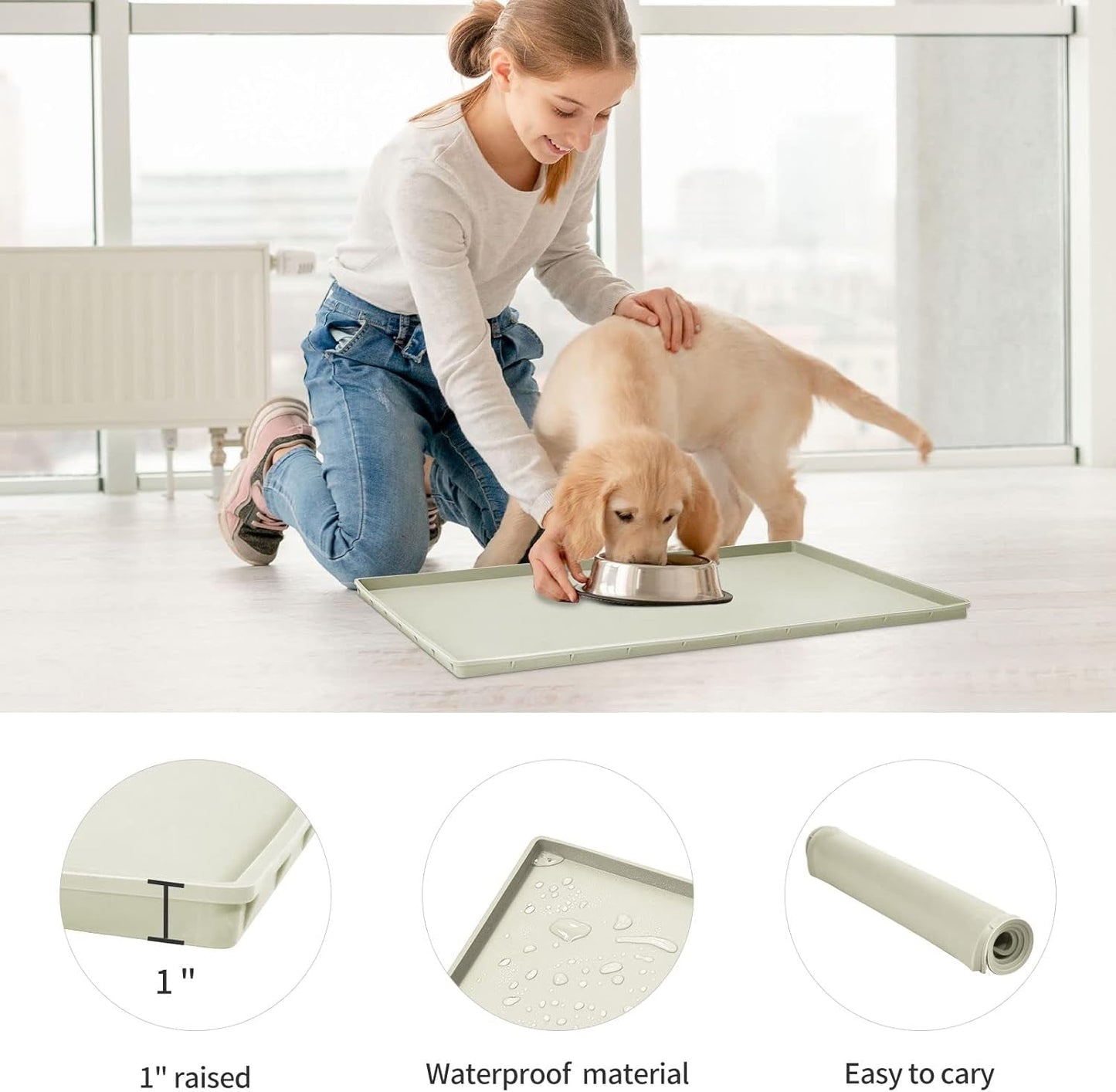 Dog Food Mat | Silicone Waterproof Food Tray | Non Slip Pet Bowl Mats Placemat,1" Raised Edge, Suitable for Most Small and Medium Sized Pets,32" X 24" - Eco and More Pet Store DBA Overseen