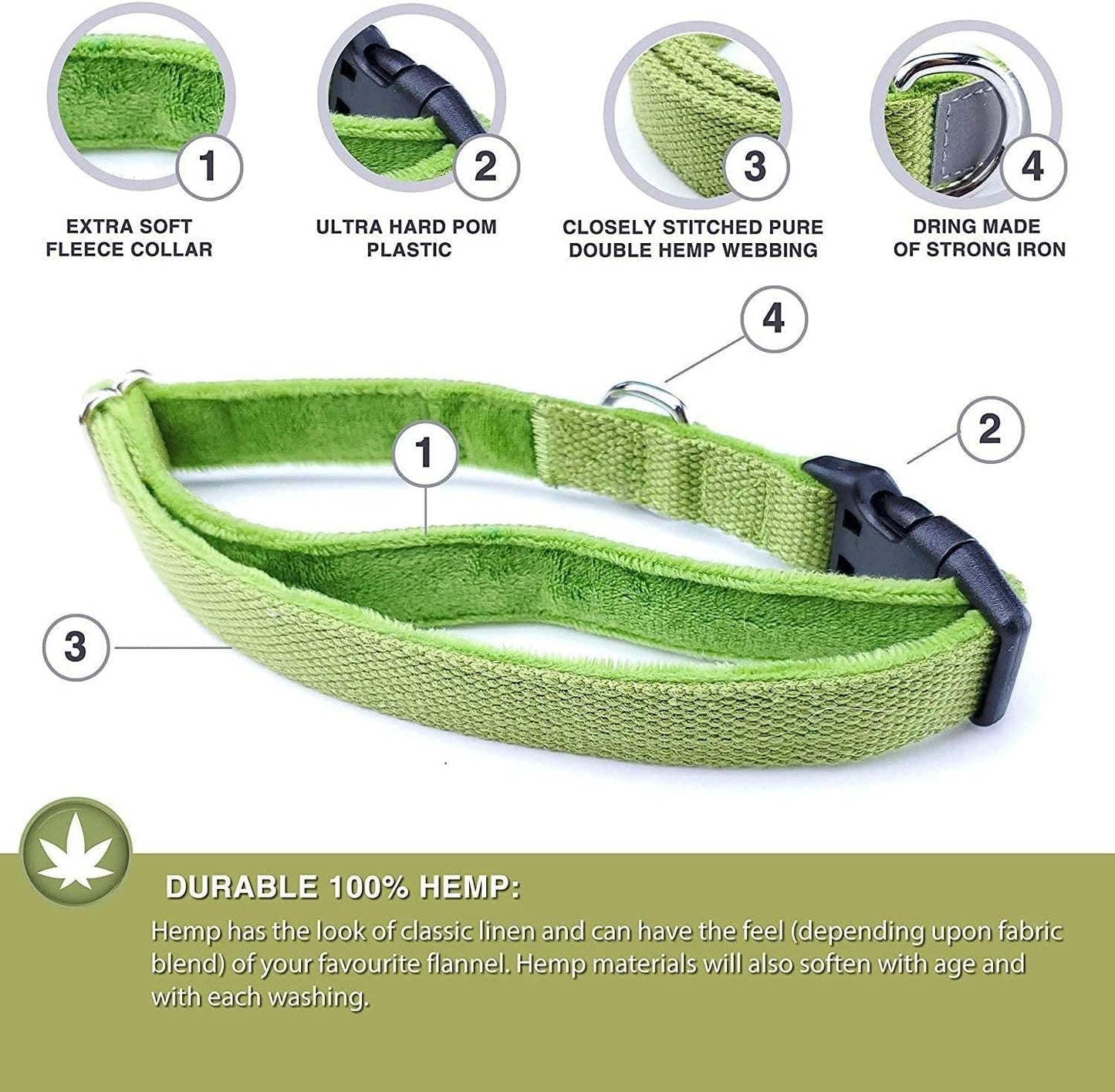 Eco - Friendly Hemp Dog Collar - Double Layer Fleece - Lined Comfort with Reflective Safety Strip | Soft & Stylish in Hemp Green (Small) - Eco and More Pet Store