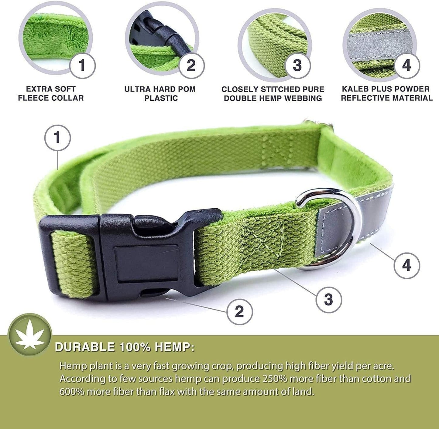 Eco - Friendly Hemp Dog Collar - Double Layer Fleece - Lined Comfort with Reflective Safety Strip | Soft & Stylish in Hemp Green (Small) - Eco and More Pet Store