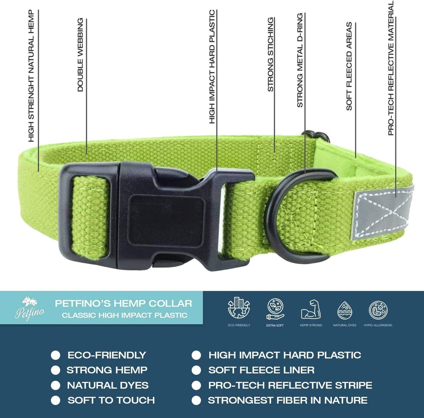 Eco - Friendly Hemp Dog Collar - Double Layer Fleece - Lined Comfort with Reflective Safety Strip | Soft & Stylish in Hemp Green (Small) - Eco and More Pet Store