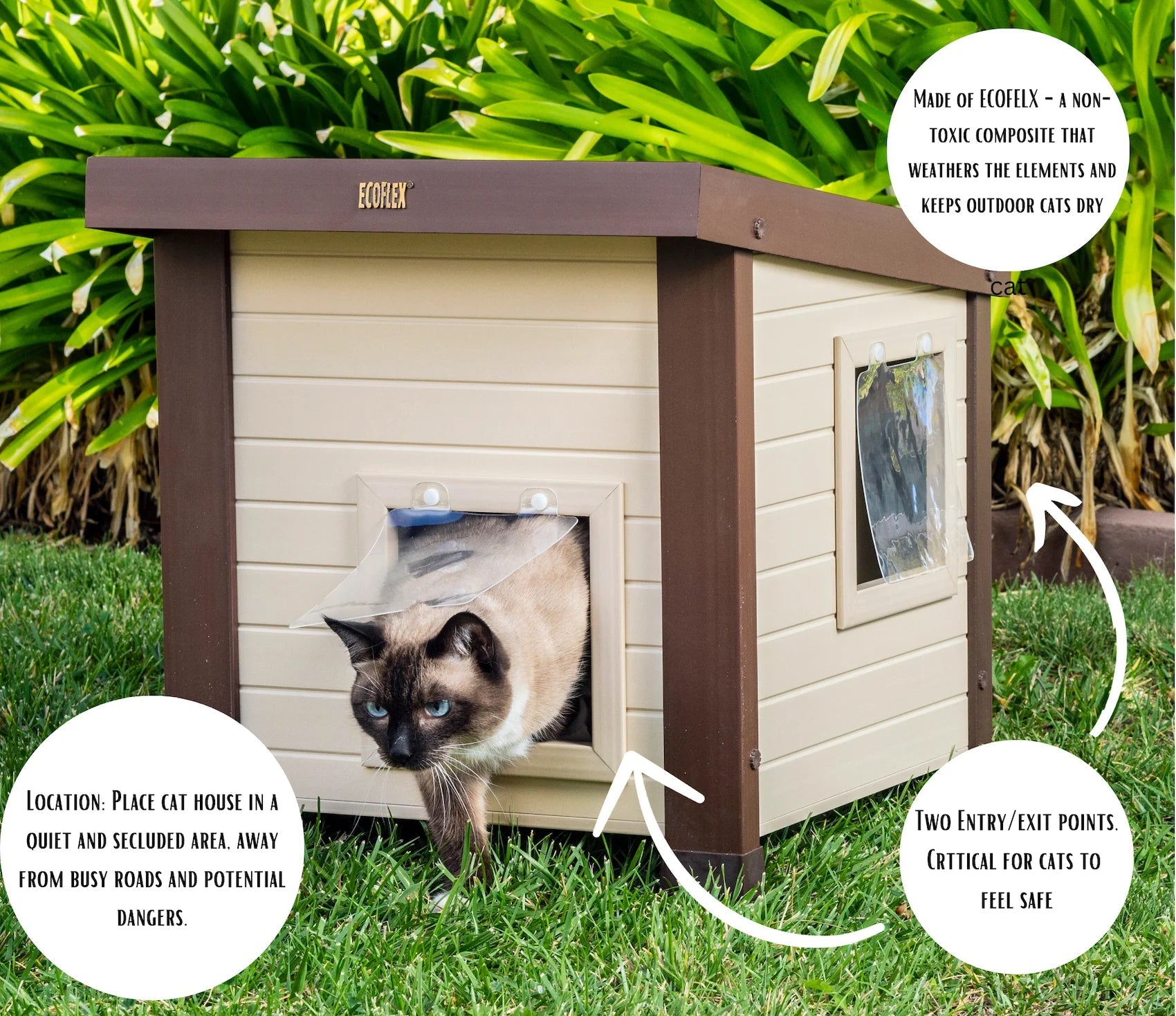 ® ECOFLEX® Outdoor Cat House, Durable Wood - Plastic Composite, Dual Entry, Easy Assembly, Elevated Floor, Ventilated, Heated Pad Compatible, for Multiple Cats, Maple/Brown - Eco and More Pet Store