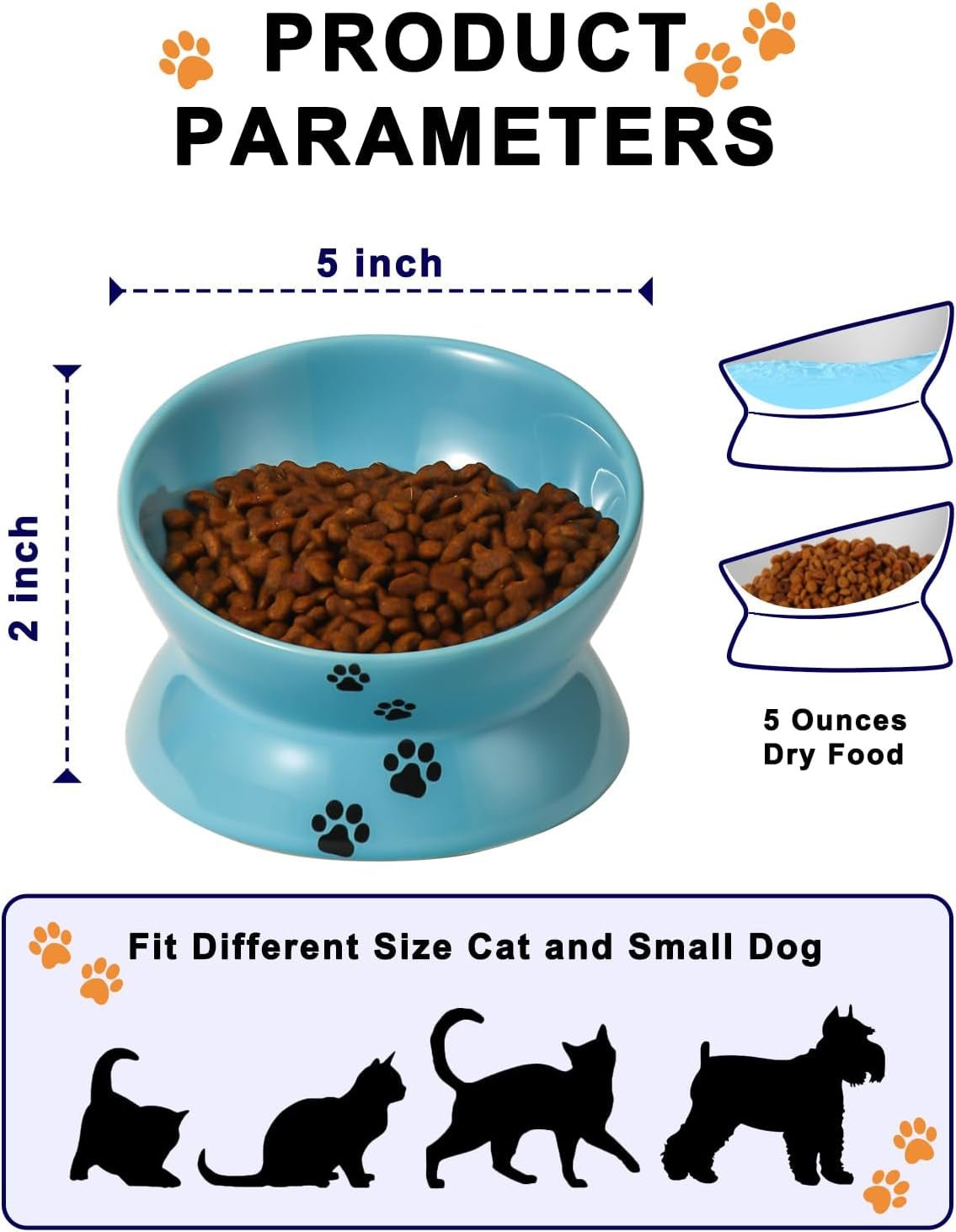 Elevated Cat Food Bowl, Ceramic Raised Cat Bowl, Tilt Angle Protect Cat'S Spine, anti Vomiting Cat Dish, Backflow Prevention, Lake Blue - Eco and More Pet Store