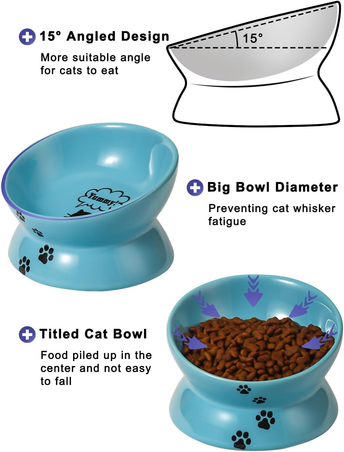 Elevated Cat Food Bowl, Ceramic Raised Cat Bowl, Tilt Angle Protect Cat'S Spine, anti Vomiting Cat Dish, Backflow Prevention, Lake Blue - Eco and More Pet Store