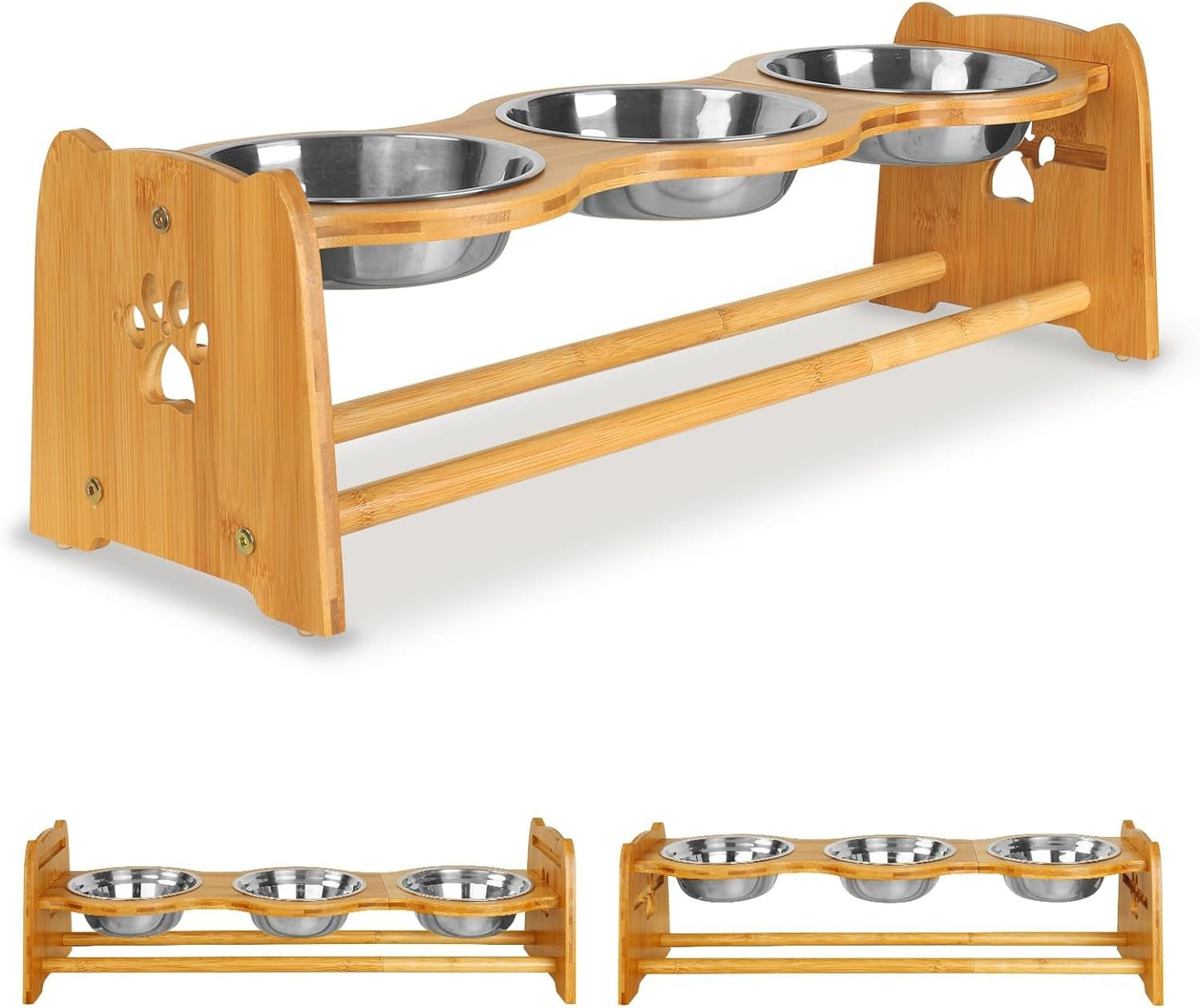 Elevated Dog Bowls for Cats and Dogs | Adjustable Bamboo Raised Dog Bowls for Small Dog | Food and Water Set Stand Feeder with 2 Stainless Steel Bowls and anti Slip Feet (Height 4" to 4.5") - Eco and More Pet Store DBA Overseen