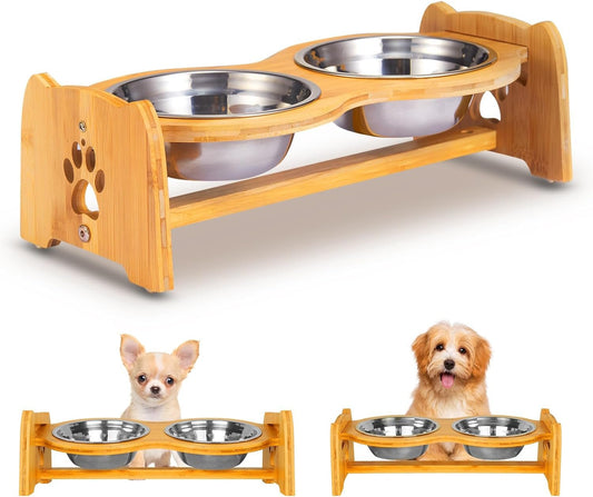 Elevated Dog Bowls for Cats and Dogs | Adjustable Bamboo Raised Dog Bowls for Small Dog | Food and Water Set Stand Feeder with 2 Stainless Steel Bowls and anti Slip Feet (Height 4" to 4.5") - Eco and More Pet Store DBA Overseen