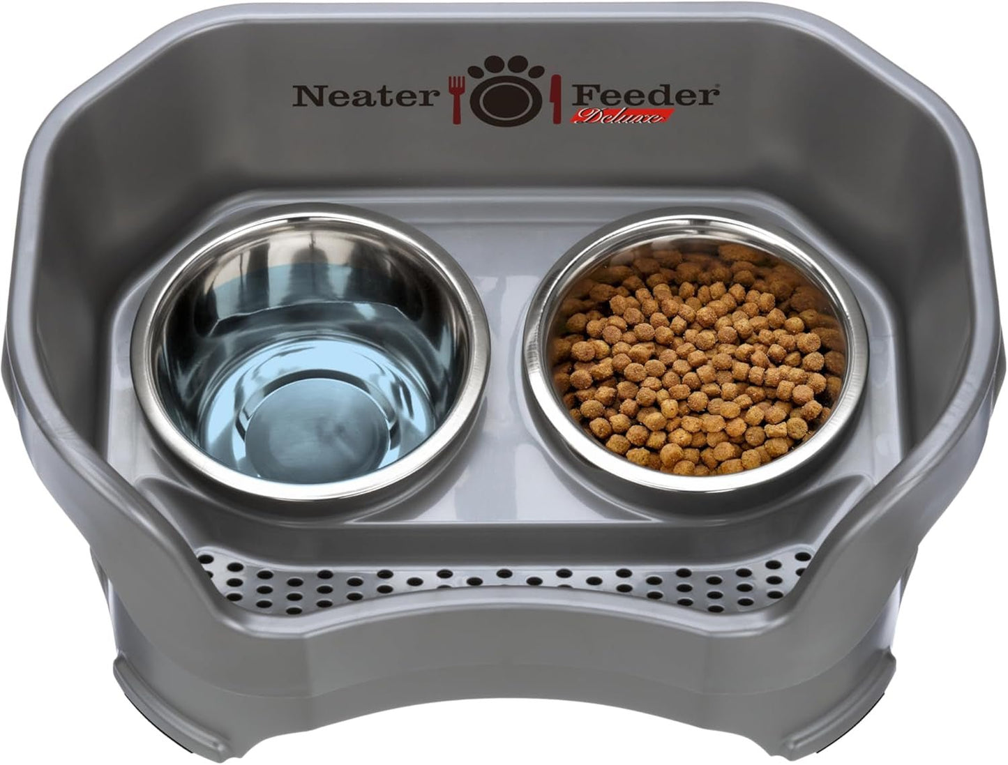Feeder Deluxe Mess Proof Dog Bowls | Elevated for Medium Dogs 19 - 40 Lbs, Made in USA, No Spill Raised Dog Food Bowl Stand Feeding Station, Food and Water Bowl Set, Grey - Eco and More Pet Store DBA Overseen