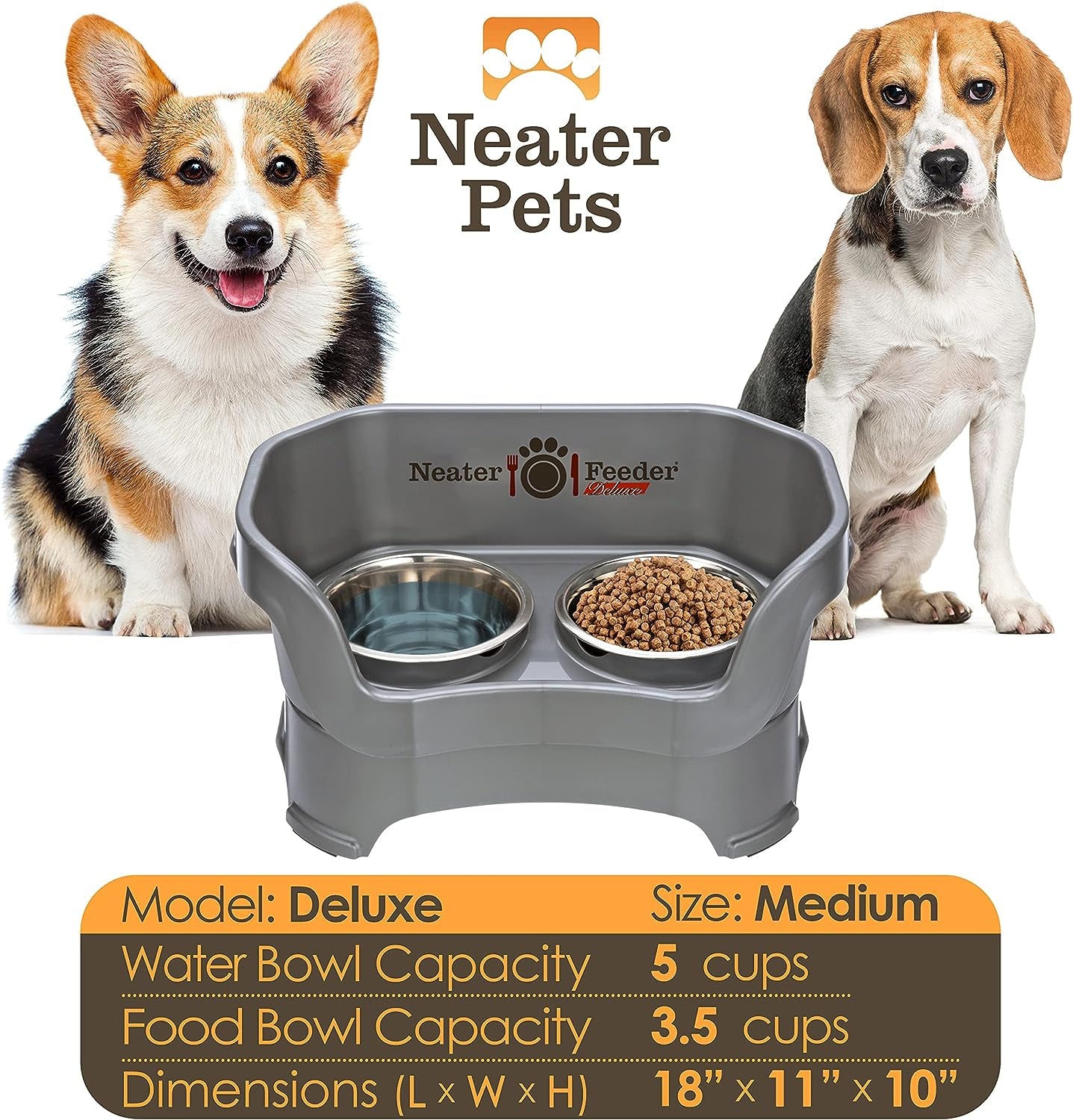 Feeder Deluxe Mess Proof Dog Bowls | Elevated for Medium Dogs 19 - 40 Lbs, Made in USA, No Spill Raised Dog Food Bowl Stand Feeding Station, Food and Water Bowl Set, Grey - Eco and More Pet Store DBA Overseen