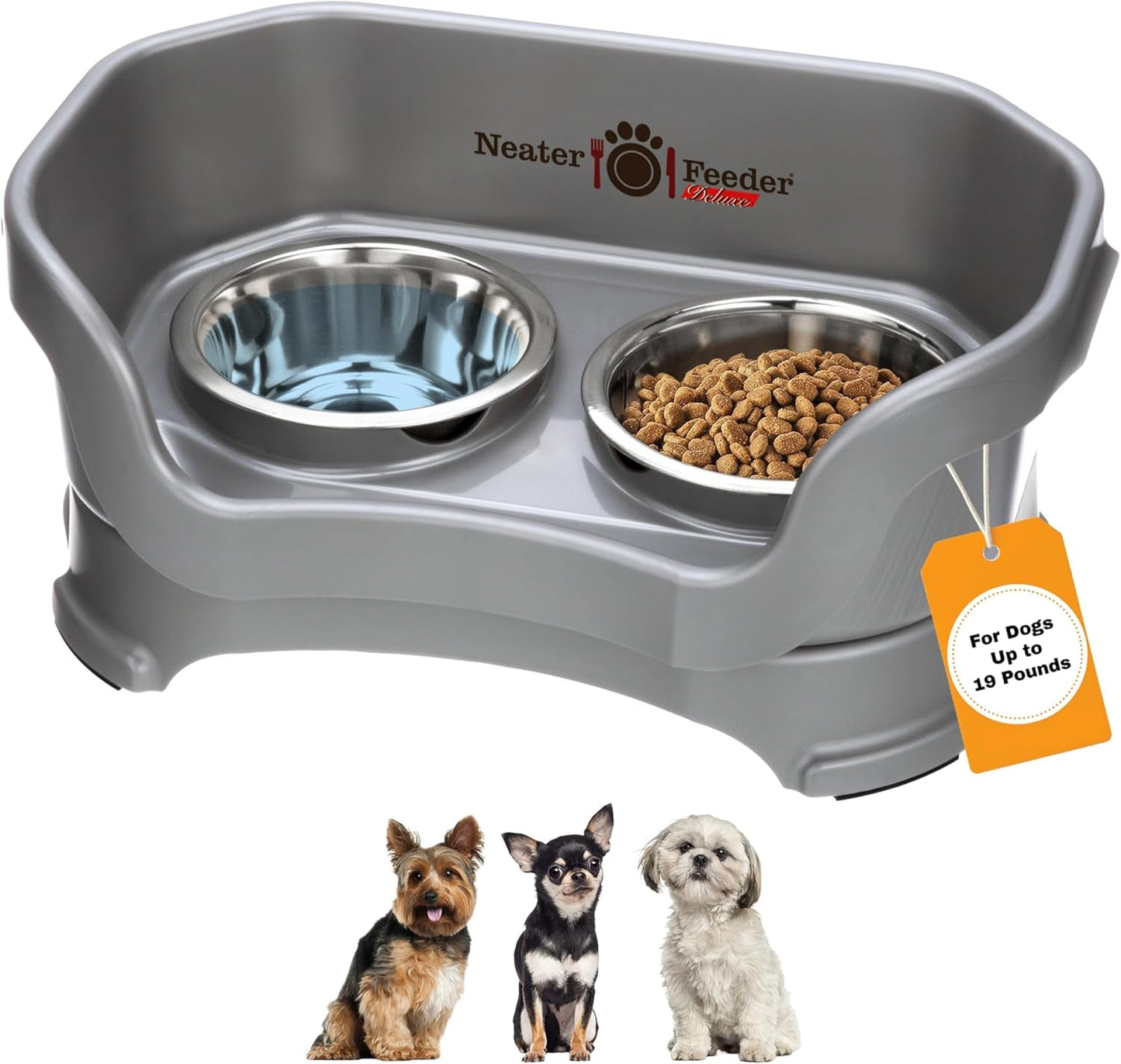 Feeder Deluxe Mess Proof Dog Bowls | Elevated for Medium Dogs 19 - 40 Lbs, Made in USA, No Spill Raised Dog Food Bowl Stand Feeding Station, Food and Water Bowl Set, Grey - Eco and More Pet Store DBA Overseen