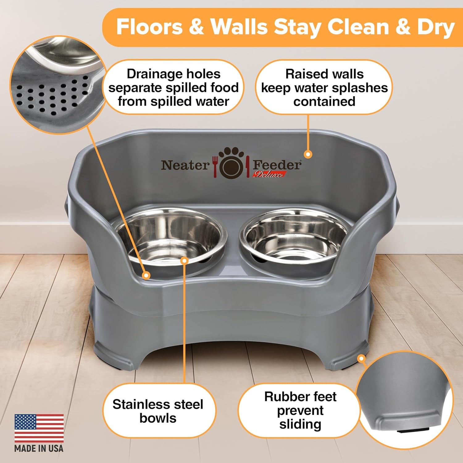 Feeder Deluxe Mess Proof Dog Bowls | Elevated for Medium Dogs 19 - 40 Lbs, Made in USA, No Spill Raised Dog Food Bowl Stand Feeding Station, Food and Water Bowl Set, Grey - Eco and More Pet Store DBA Overseen