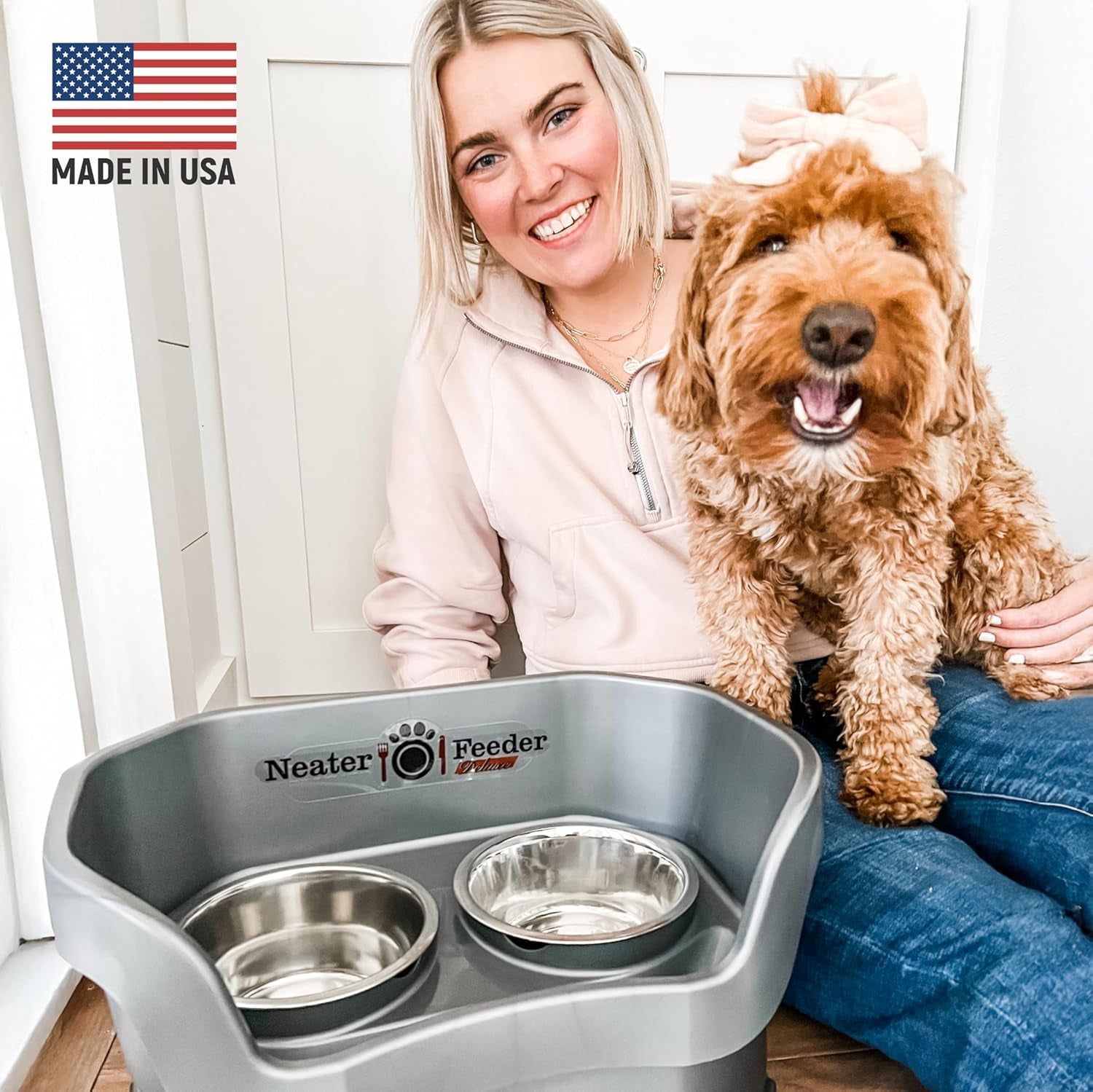 Feeder Deluxe Mess Proof Dog Bowls | Elevated for Medium Dogs 19 - 40 Lbs, Made in USA, No Spill Raised Dog Food Bowl Stand Feeding Station, Food and Water Bowl Set, Grey - Eco and More Pet Store DBA Overseen