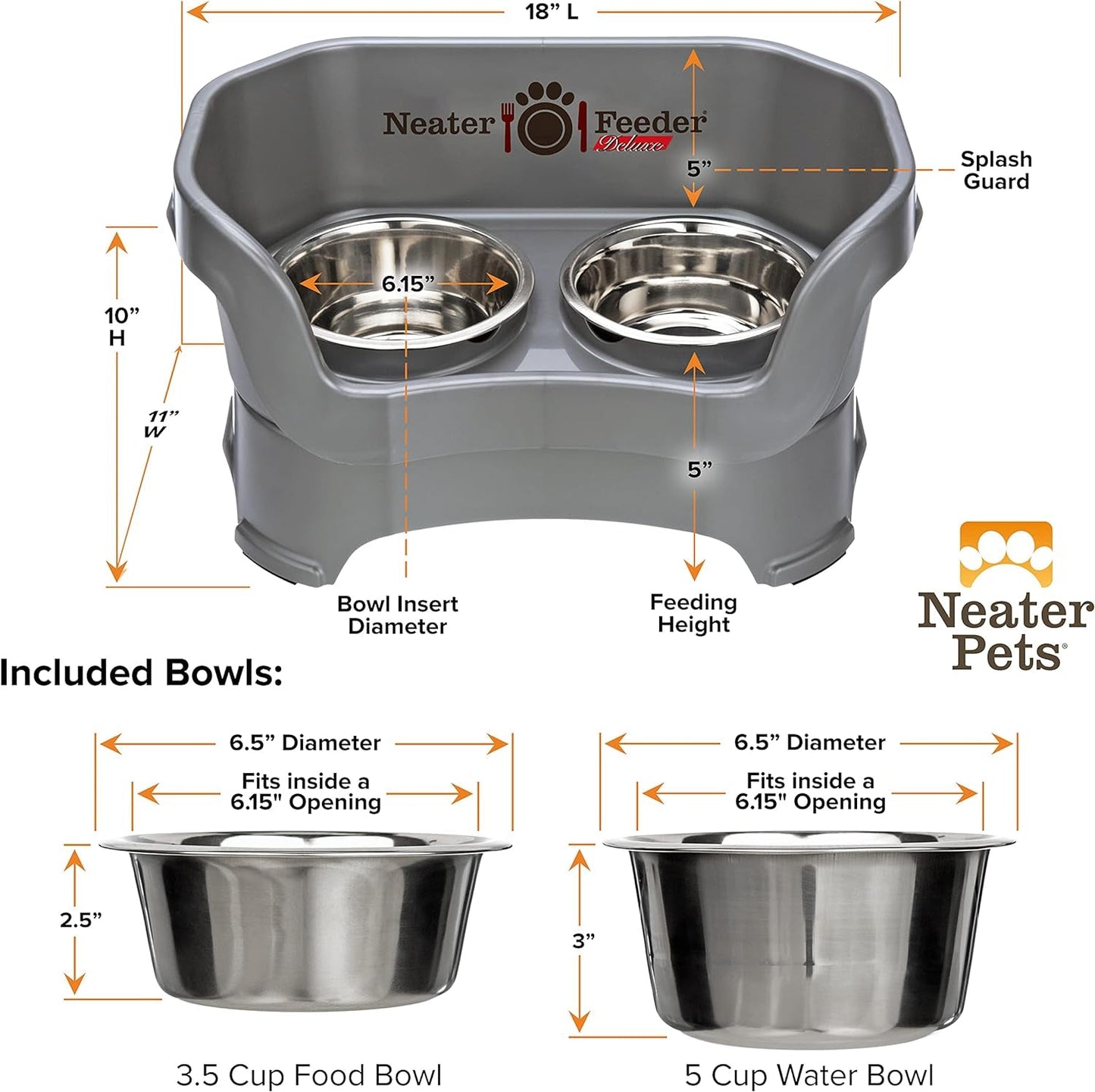 Feeder Deluxe Mess Proof Dog Bowls | Elevated for Medium Dogs 19 - 40 Lbs, Made in USA, No Spill Raised Dog Food Bowl Stand Feeding Station, Food and Water Bowl Set, Grey - Eco and More Pet Store DBA Overseen