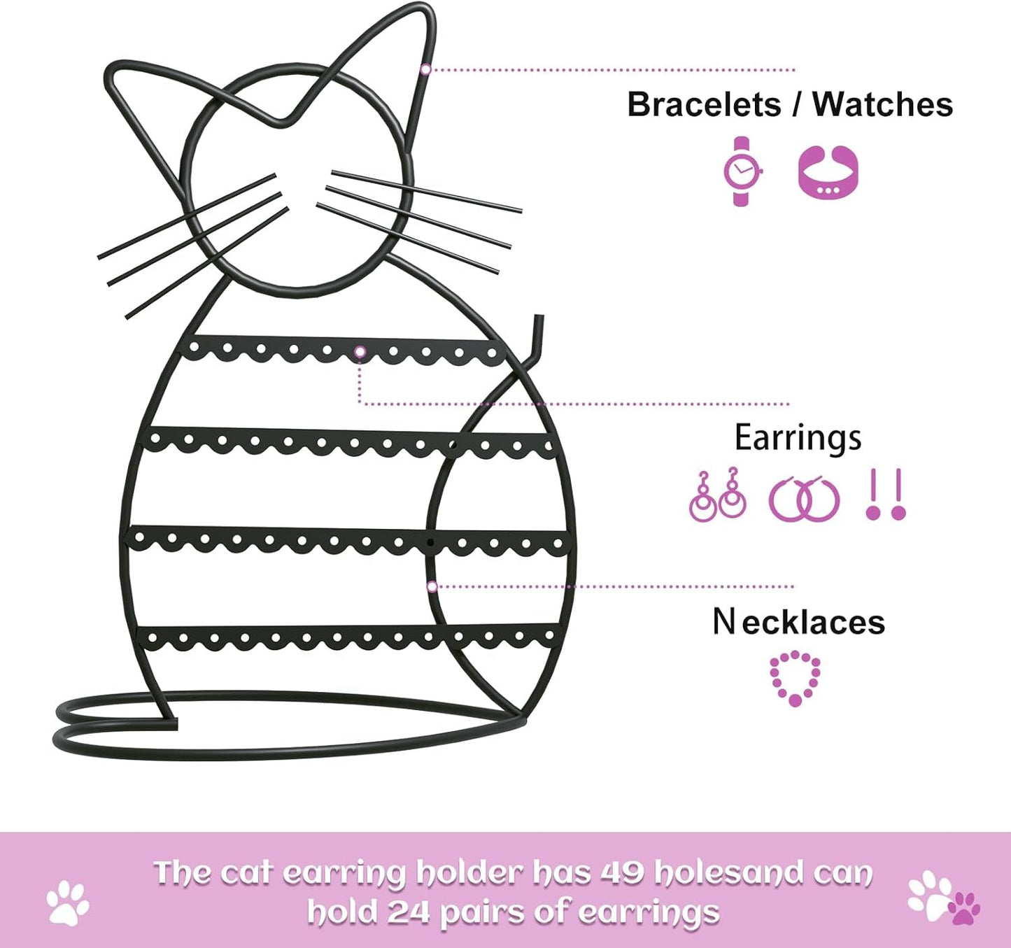 Jewelry Organizer Stand Cat Shaped Earring Holder Organizer Metal 48 Stud Earring Holes Jewelry Holder, Metal Jewelry Display Vanity Organizer for Girls - Black - Eco and More Pet Store DBA Overseen