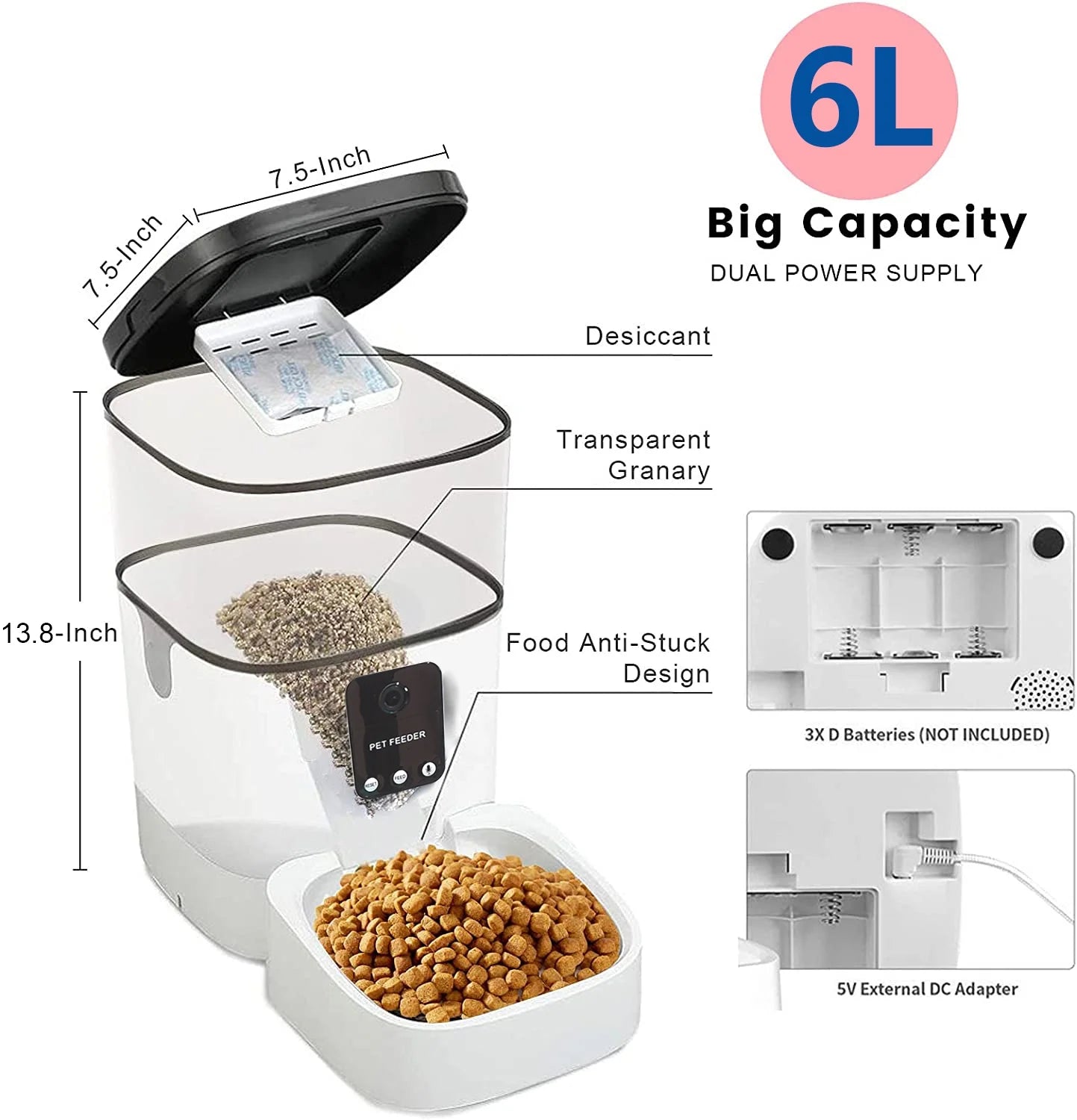 Pet Feeder,6L Automatic Pet Feeder for Cats and Dogs,1080P Camera,App Control,Voice Recorder,Timed Feeder for Schedule Feeding, Dual Power Supply,Wifi Pet Food Dispenser with App Control - Eco and More Pet Store